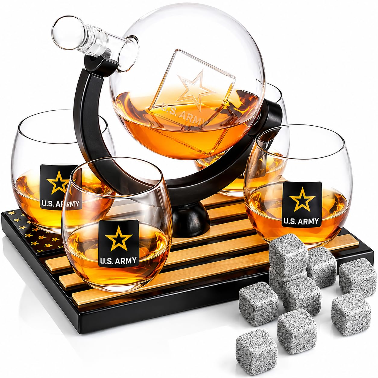 Zestaw karafek do whisky US Army Globe z 4 szklankami na alkohol - drewniana podstawa flagi i 9 kamieni do whisky, zestaw upominkowy dla weterana sił zbrojnych - prezenty dla mężczyzn, na Dzień Ojca
