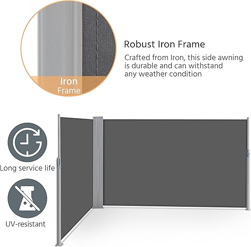 Miniatura 7 de Yaheetech Toldo lateral de 118 x 63 pulgadas, toldo retráctil para patio, pantalla divisor de privacidad de aluminio con poliéster de 9.88ozm,