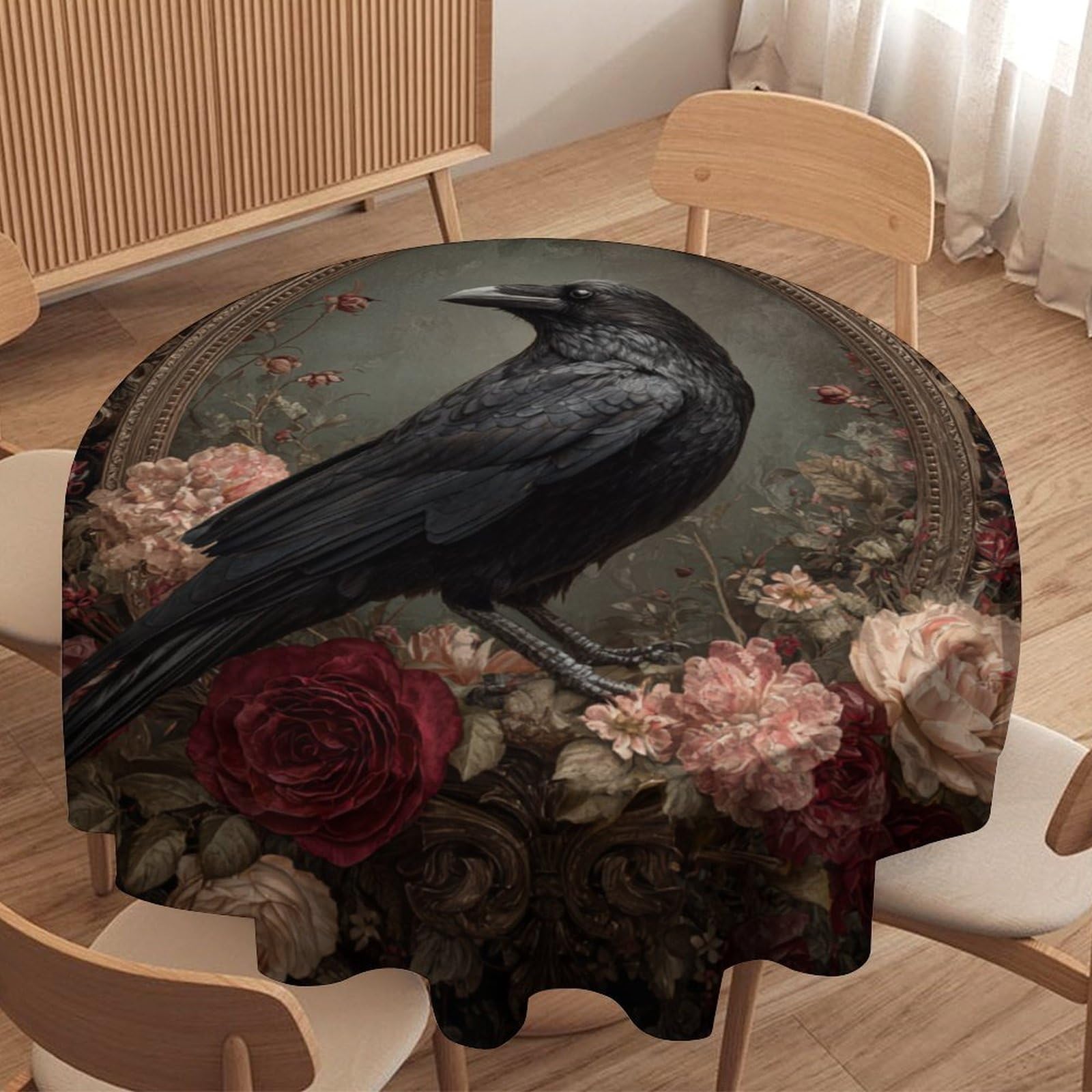 LUYYSKY Beautiful Watercolor Animal Crow Waterproof Round Tablecloth Gothic Aesthetic Plant Roses Flowers Print Washable Table Cover for Kitchen-127 Wx127 L cm