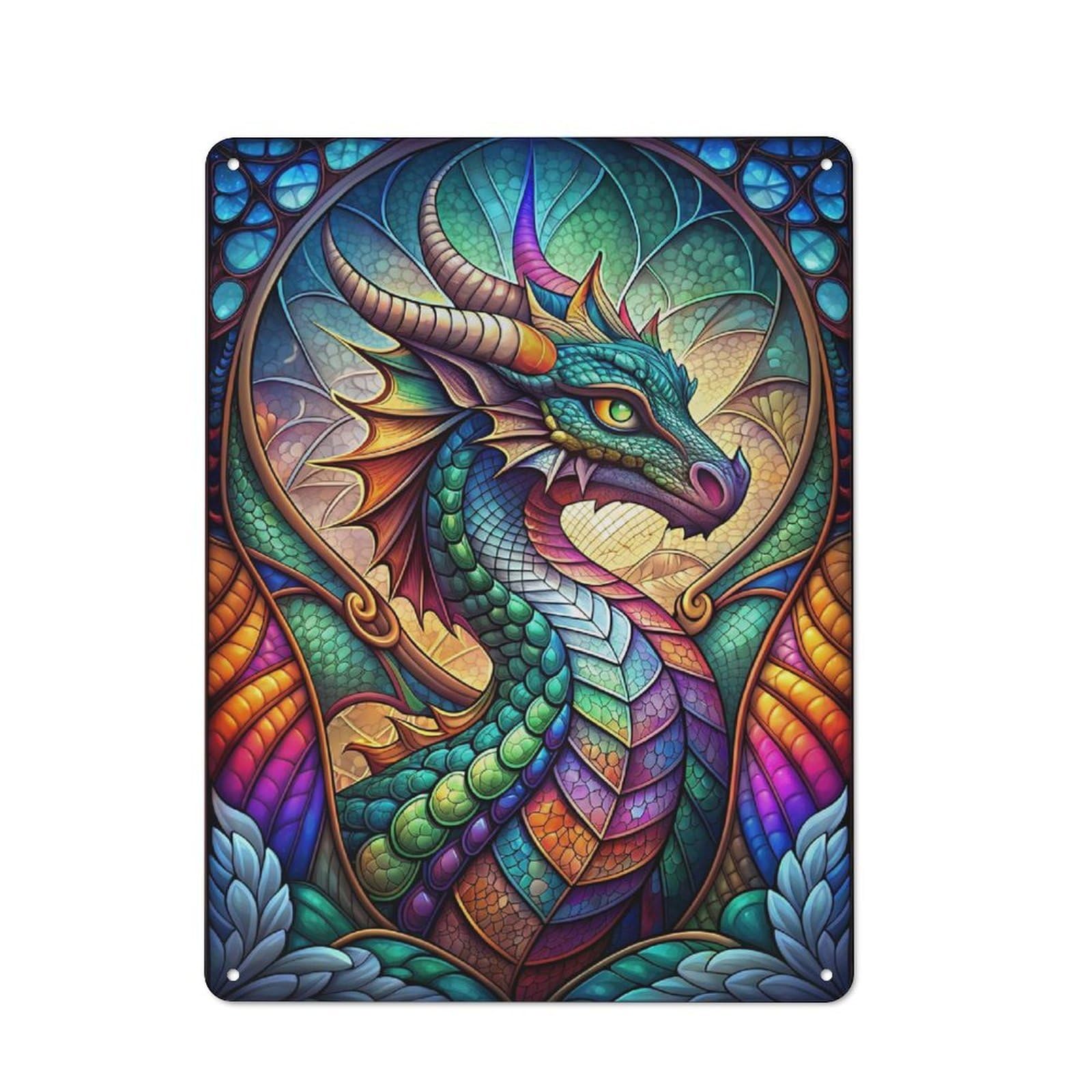 Junmoney Stained Glass Dragon Neon Tin Wall Plaque 40X30cm With For Man Cave Or Games Room, A New Home Present For Leisure-Room Decor Enthusiasts
