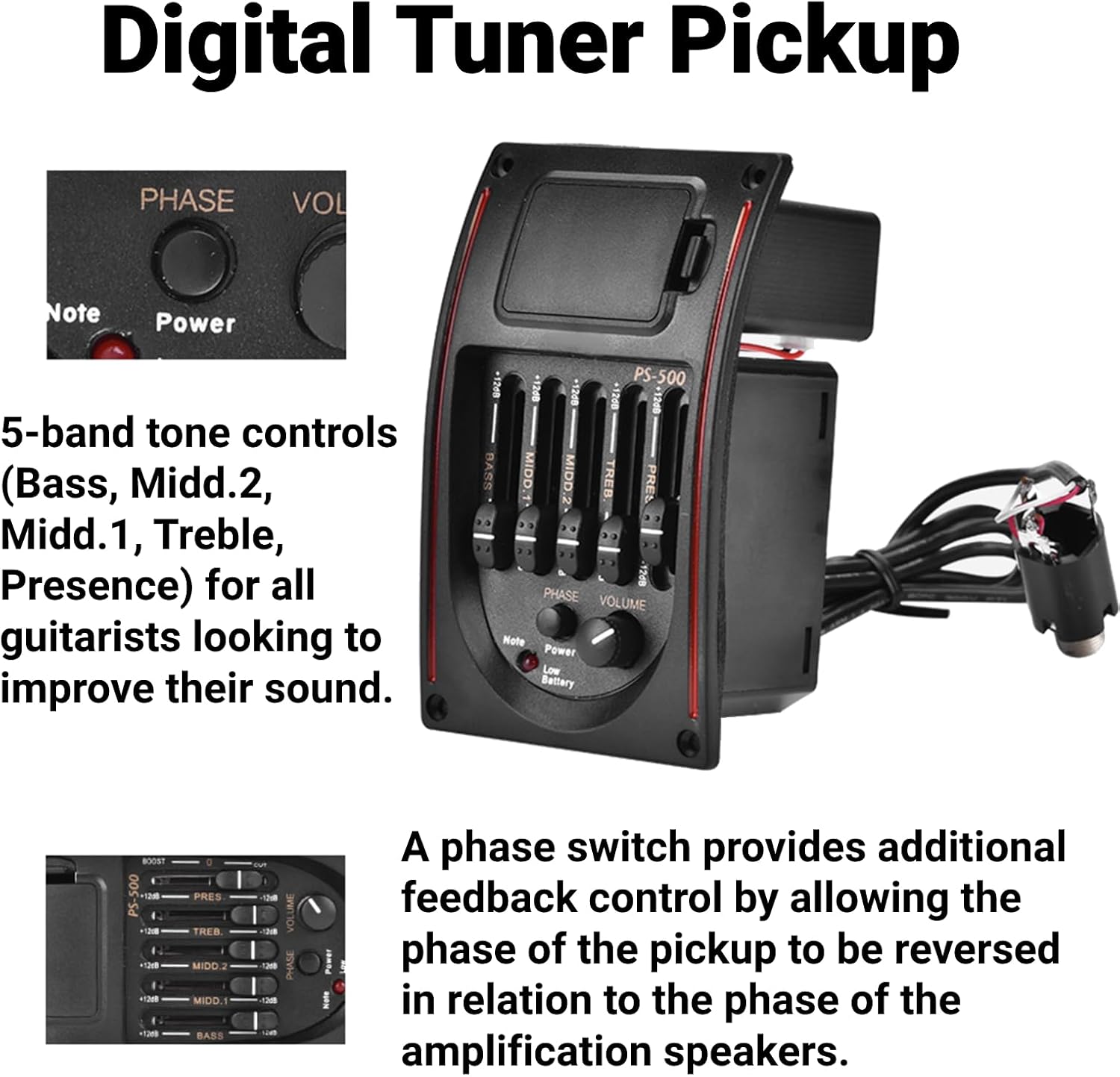 Close-up of EQ PS-500 controls including equalizer sliders, volume, phase, and tuner buttons