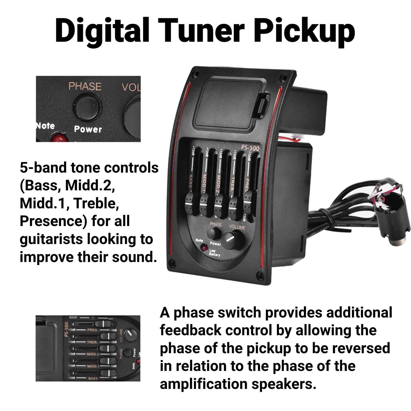 EQ Gitarren-Equalizer PS-500 5-Band-Equalizer Akustikgitarren-Equalizer-Tuner Digitaler Tonabnehmer für Akustikgitarre Zubehör für Musikinstrumente
