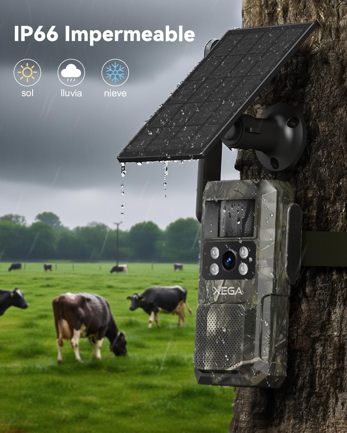 Xega 4G LTE Cámara de Caza Solar con Tarjeta SIM, Cámara Fototrampeo sin WiFi, 7800 mAh Batería, Visión Nocturna 950nm Infrarrojos Invisible, Audio de 2 vías, 0,2s Activación, IP66 Impermeable