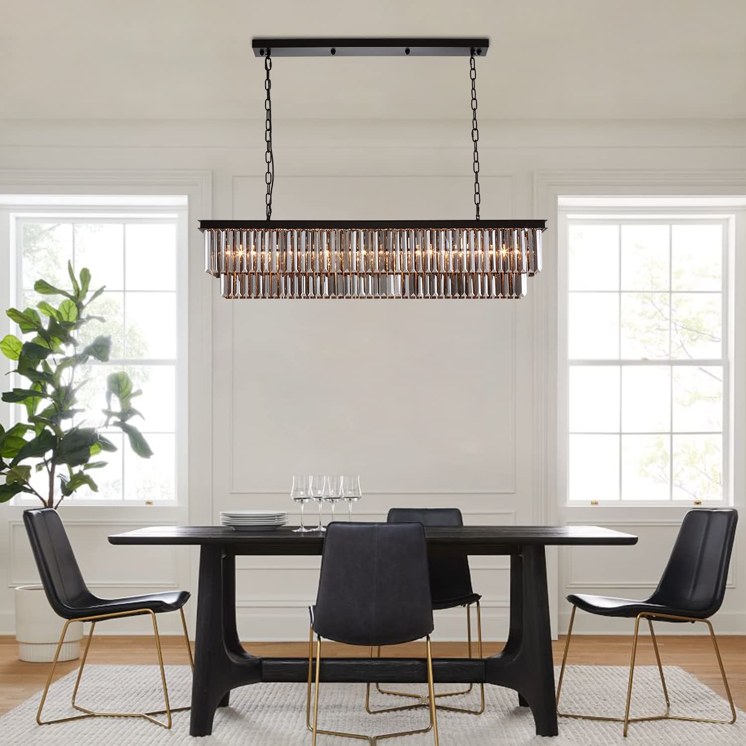 Q&S Odern Rectangular Crystal Chandelier,Black Rectangle Farhouse Industrial Dining Roo Light