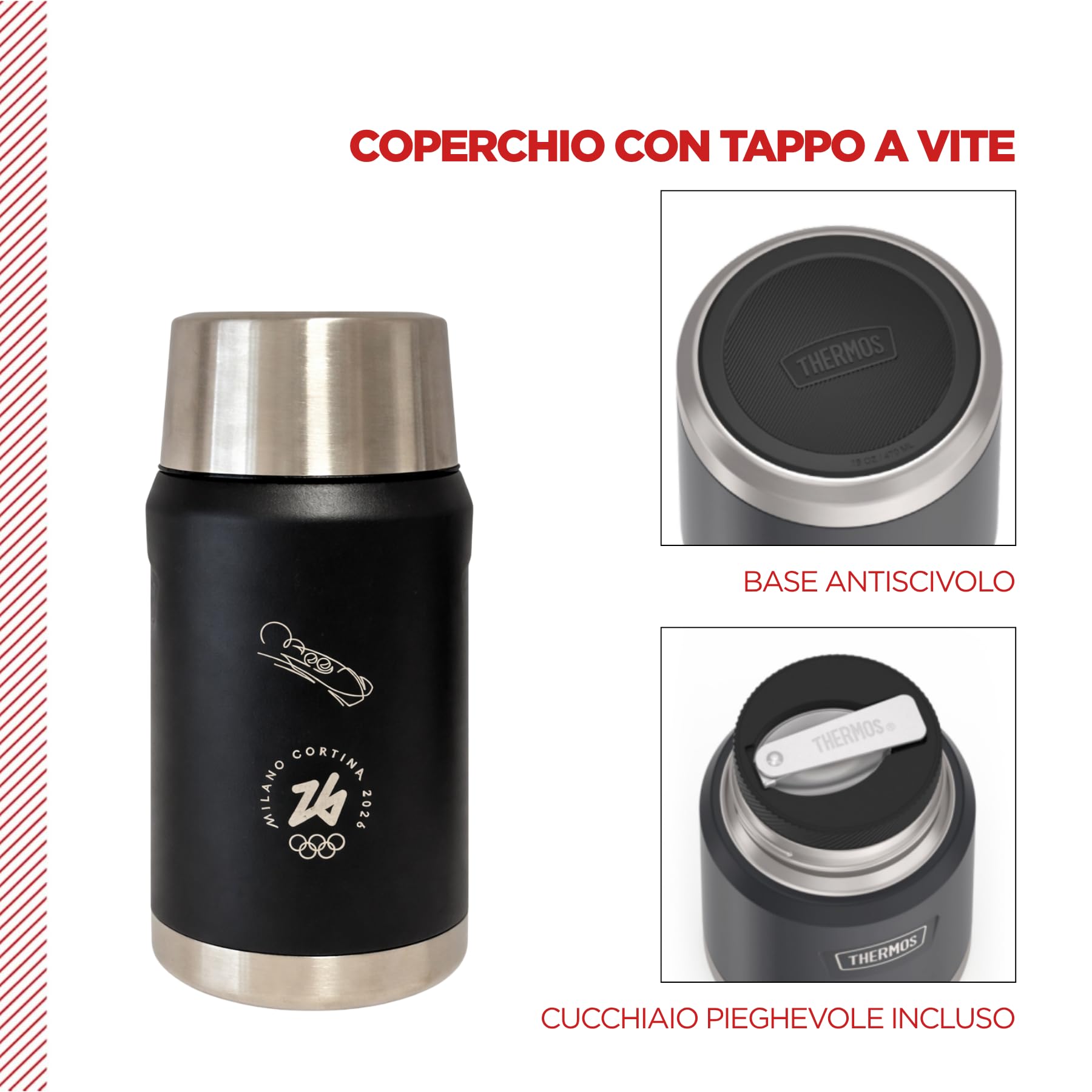 THERMOS Prodotto Ufficiale Milano Cortina 2026 alimenti, in Acciaio Inox con Cucchiaio Pieghevole, 0,71L, 14h Caldo e 24h Freddo, Granite