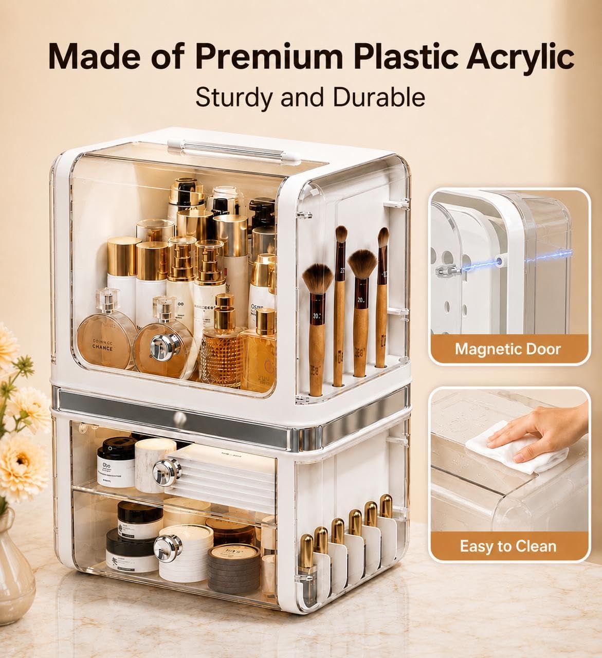 Clear Acrylic Makeup Organizer with Drawers – Dustproof Vanity & Cosmetic Storage Box with Lid (28.5 × 20 × 38 cm) image 4