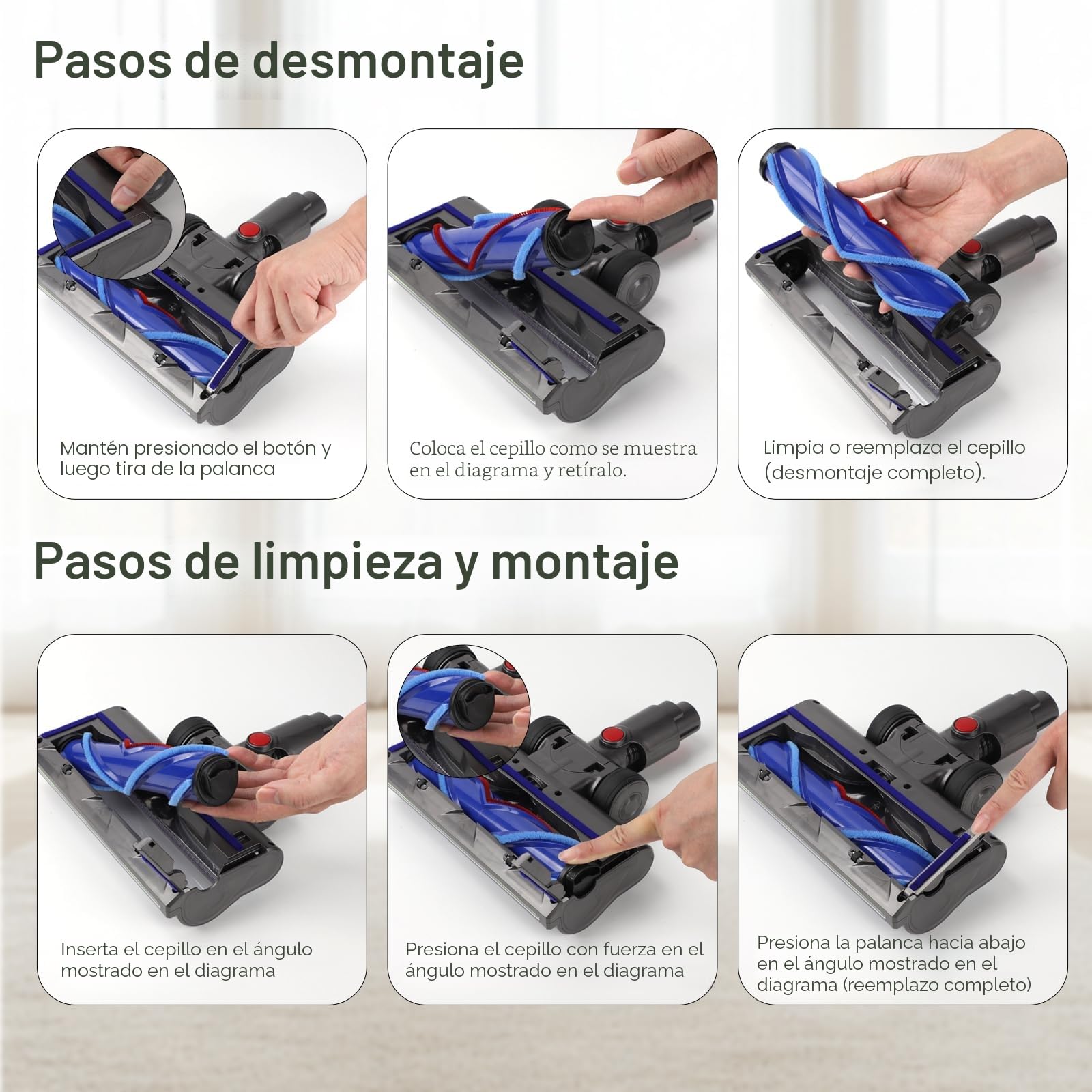 EVARY Cepillos de Repuesto compatibles con Dyson V7, V8, V10, V11 y V15. Cepillo para Suelos. Cabezal reemplazable con accionamiento Directo. para parqué, Suelos Duros y alfombras