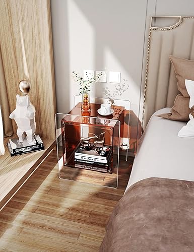 Miniatura 4 de Mesita de noche acrílica colorida con estante de almacenamiento abierto, mesa auxiliar transparente para sala de estar (1, marrón oscuro)