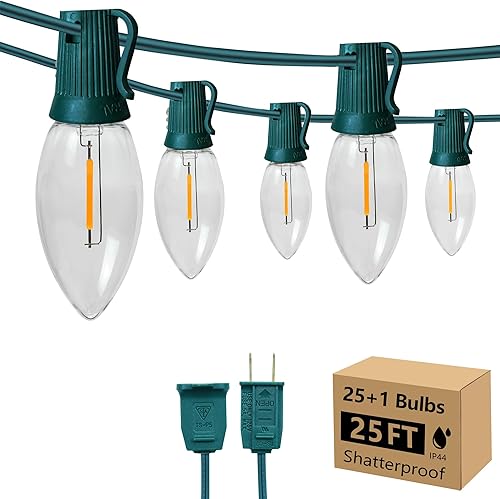 Miniatura 40 de C9 Luces de Cadena de Navidad, 25 pies 26 Bombillas Brillantes y Multicolores para Exteriores, Luces de Navidad para Techo, Patio, Jardín, Luces