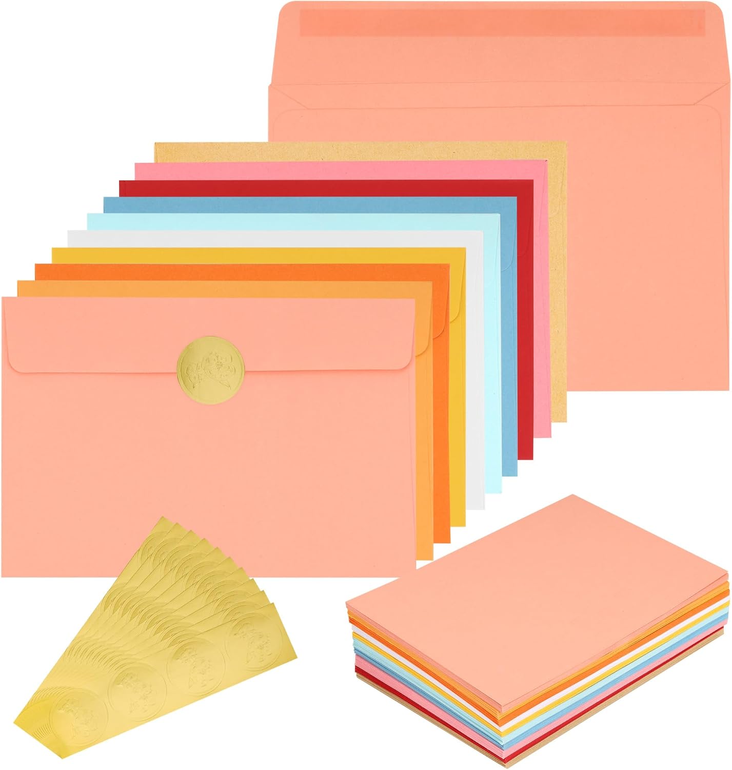 100 Pack A6 / 4x6 Invitation Envelopes, Multicolor Colored Envelopes for Greeting Cards, Photos, Invitations - with Gold Stickers