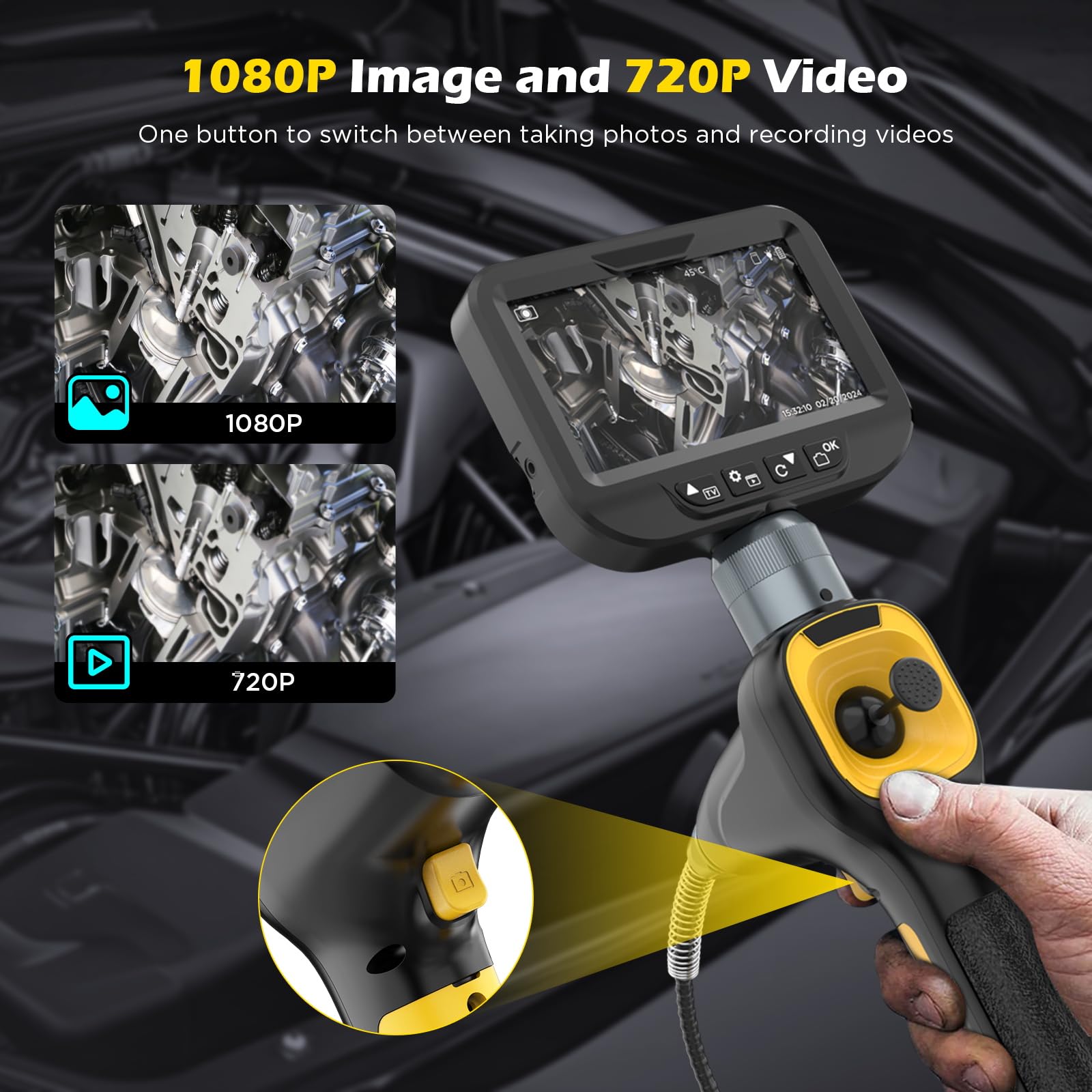 Endoscopio Industriale Telecamera per Ispezione 1080P Sonda Telecamera con Schermo IPS da 4.3" Pollici Telecamera Endoscopica Impermeabile IP67 con 3 luci LED Ispezione Fotocamera