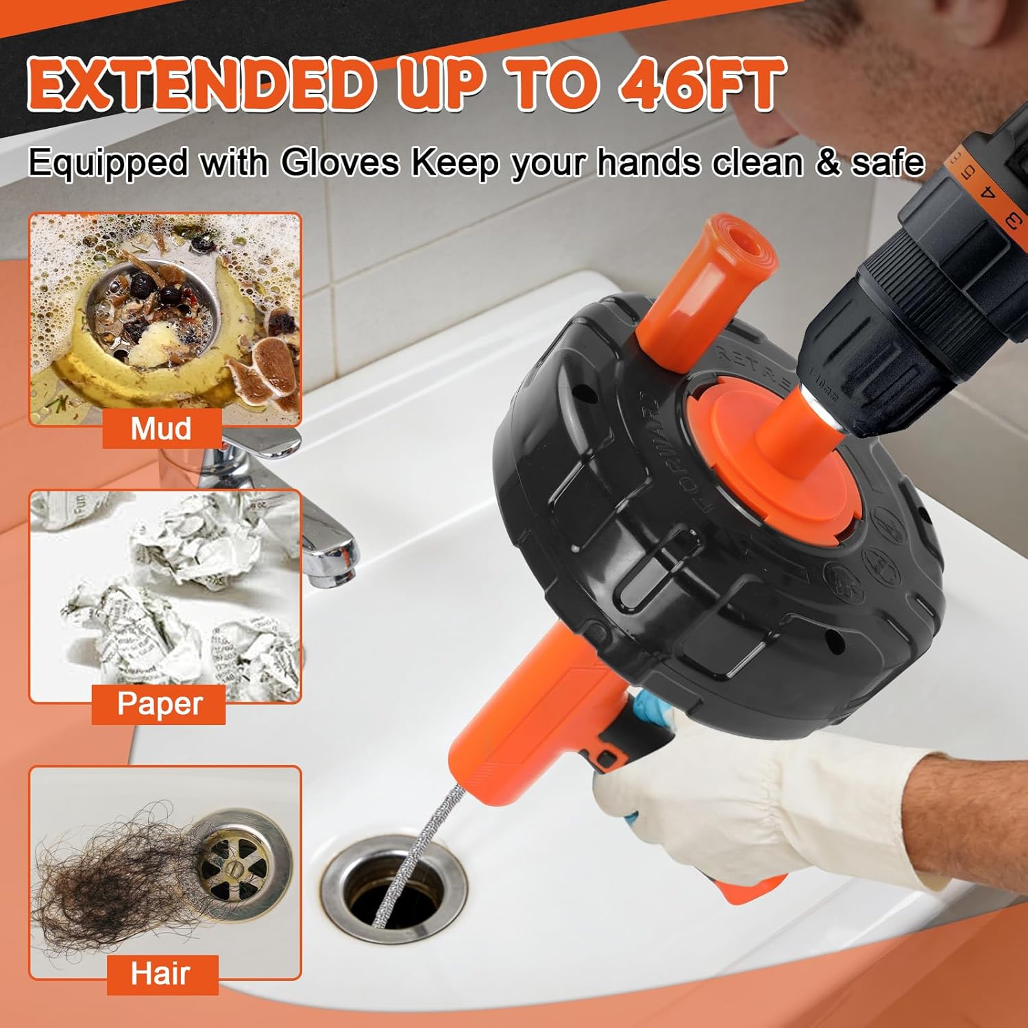45 FT Drain Snake Tools, Manual Or Powered Double Mode Auto Retract Drain Drain Auger with Drill Attachment, plumbing snake for Sink、 Drain Unblocking、Toilet、Shower、Kitchen、Sink