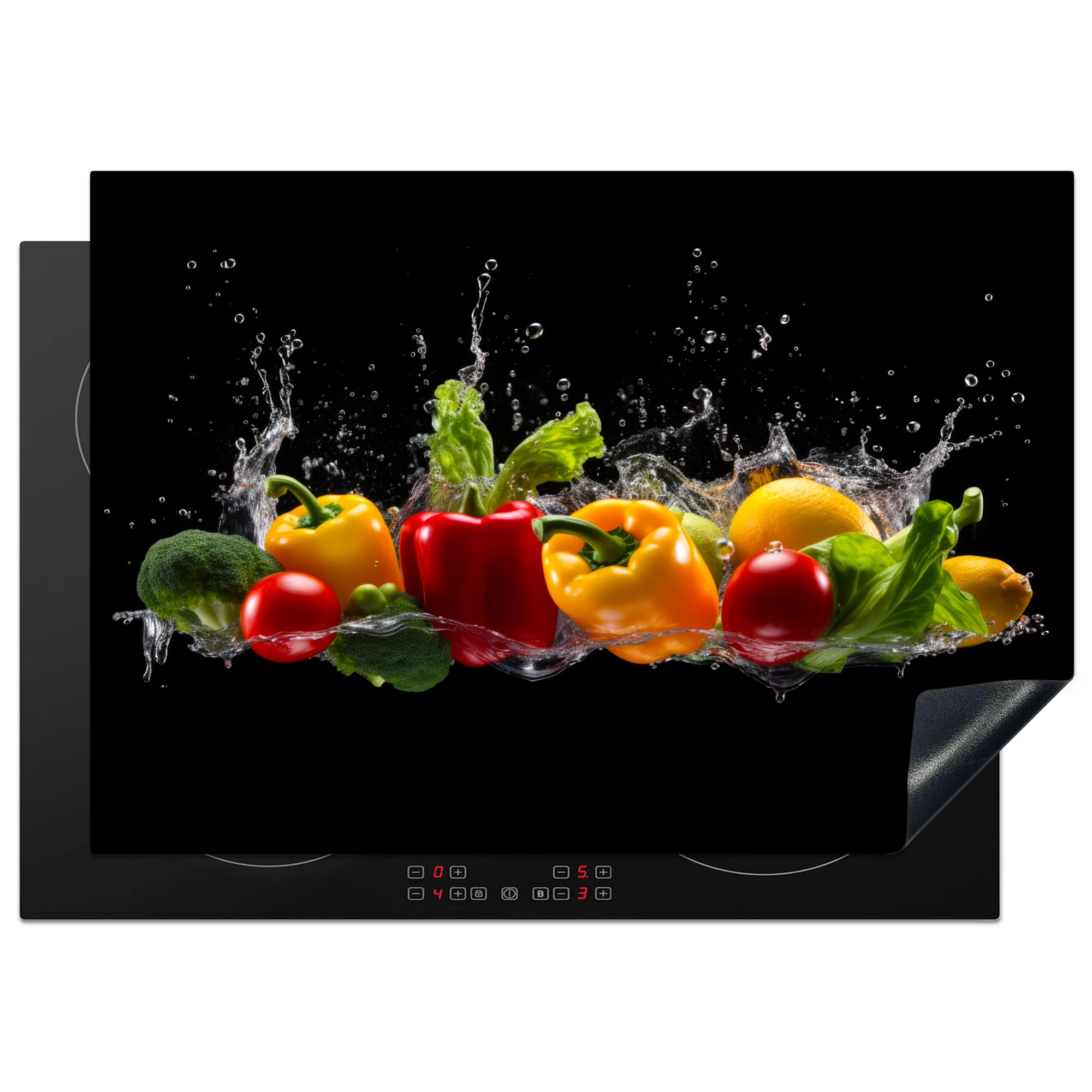 KitchenYeah© Induction Hob Protector Mat 20.5"x29.5" / 75x52 cm Cooker Top Protectors Cover Ceramic Covers Electric Hobs Vinyl Sweet Pepper - Water - Vegetable - Black
