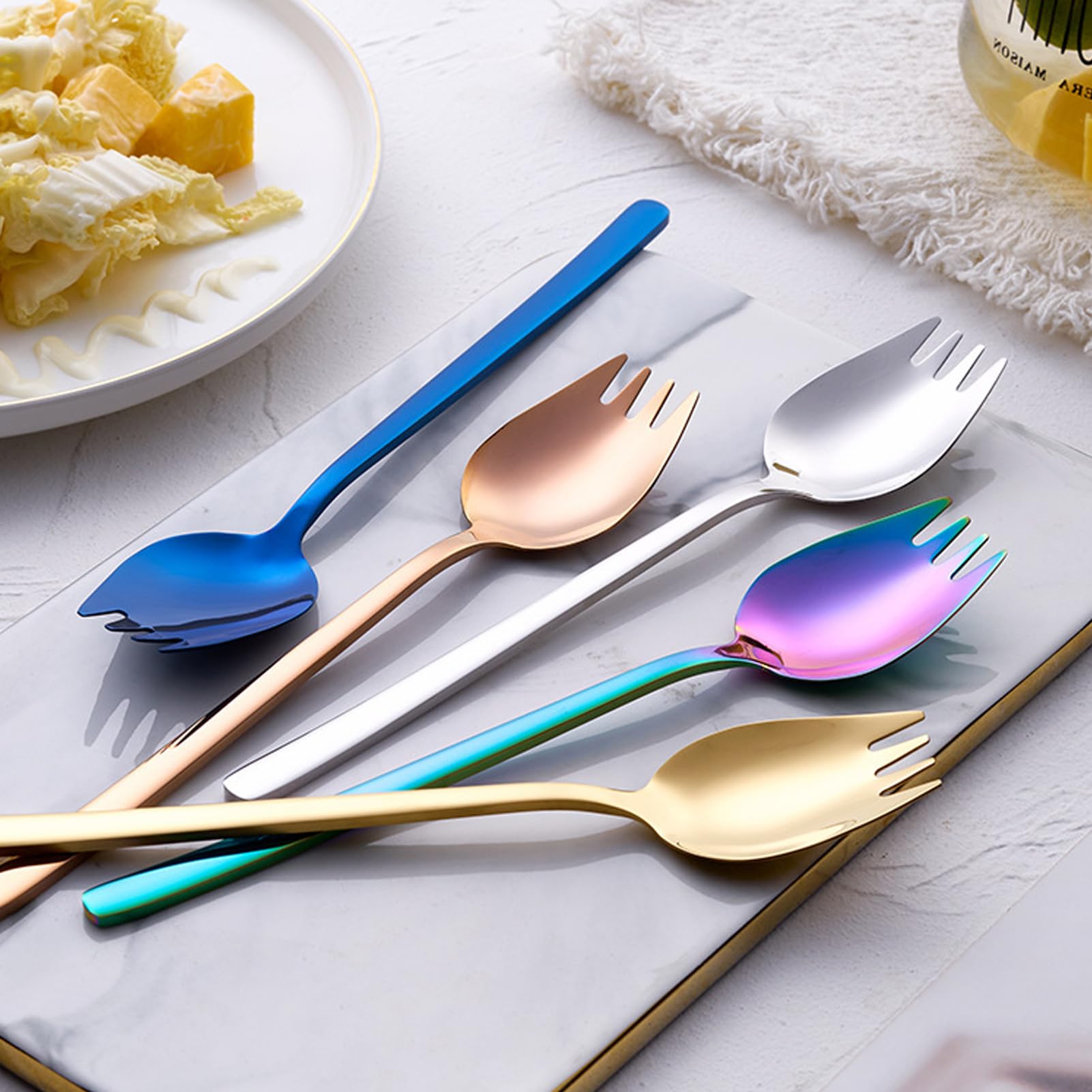 Sporks,4-Pack Salad Forks 18/10 Stainless Steel 7.4 Inches Long Handle Dessert Spoons Ice Cream Spoons Flatware Set Reusable Fruit Appetizer Dessert Forks for Household Use or Camping(Gold) — Amazon image 4