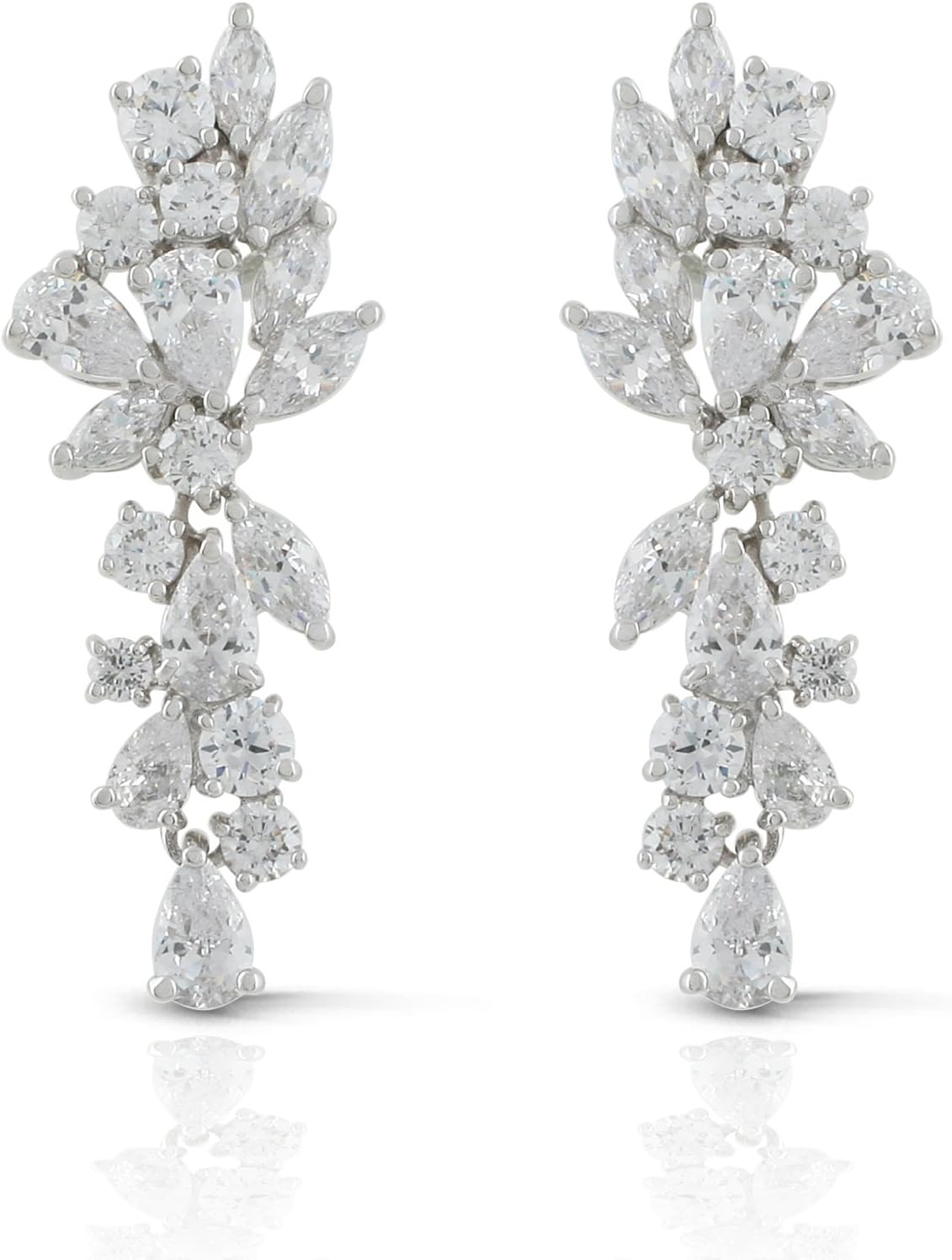 Rhodium Plated Bridal Floral Leaves Marquise Cubic Zirconia Chandelier Earrings