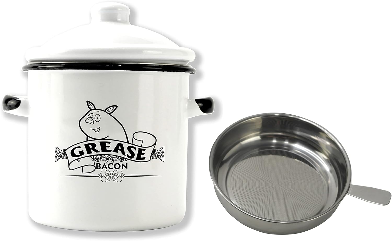 Roadmap 1.5L White Enamel Bacon Grease Container with Strainer, Grease Canister with