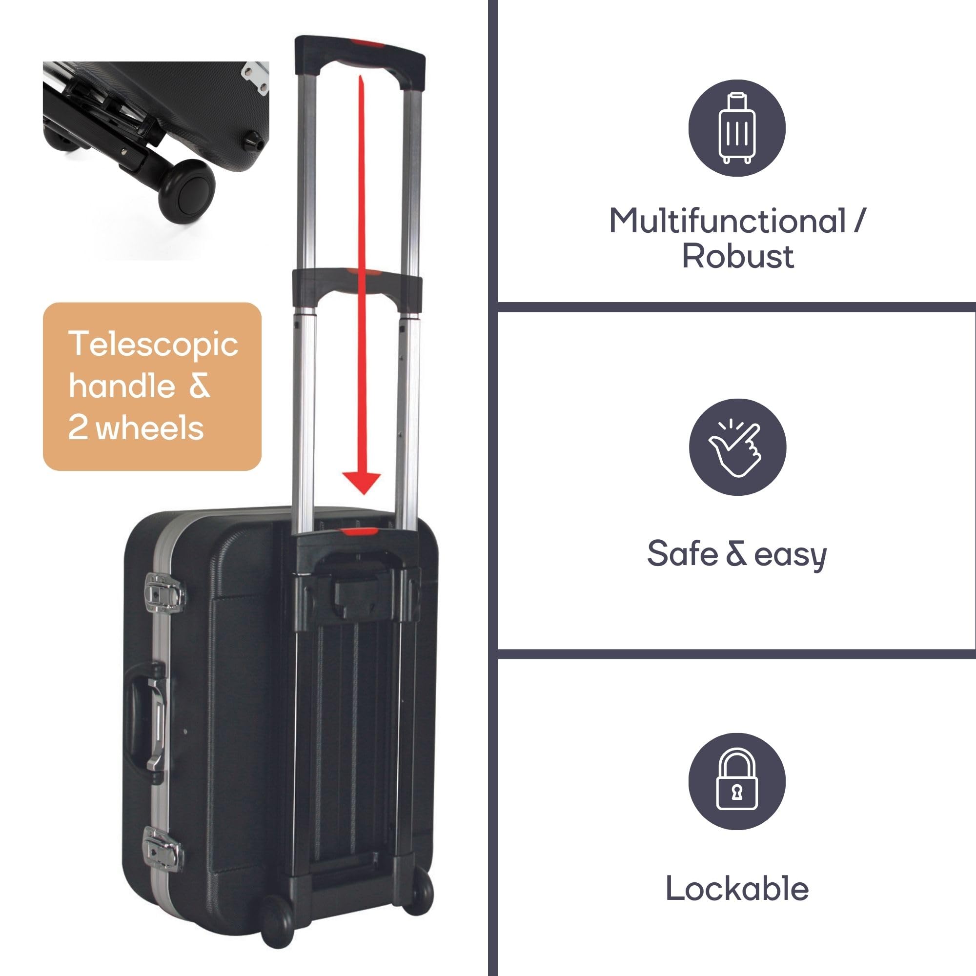 Perel Valigia portautensili, trolley, maniglia telescopica, portautensili, divisori regolabili, serratura a chiave, 2 chiavi, ABS, nero, 461 x 335 x 190 mm