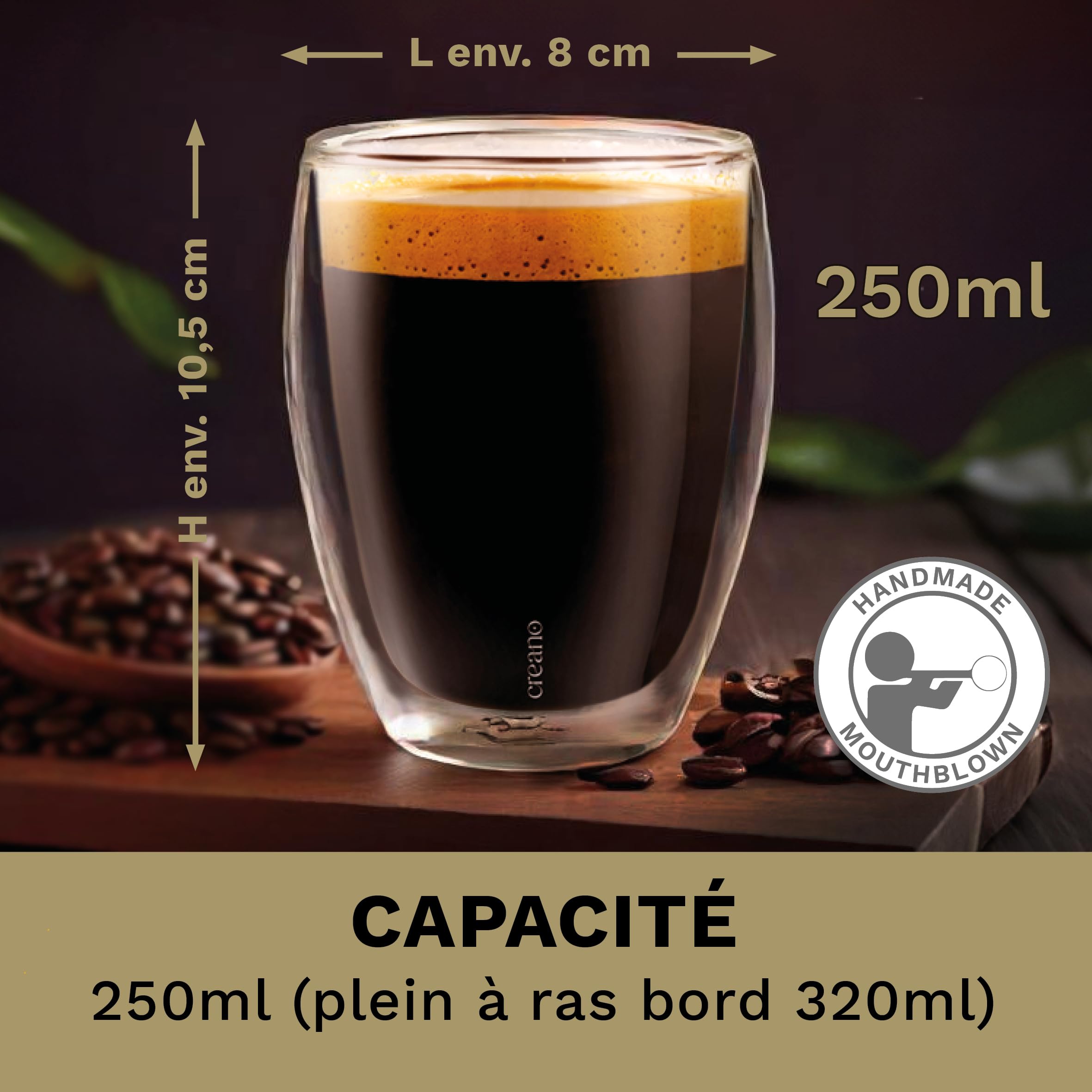 Creano PREMIUM Verres à double paroi 250 ml – Lot de 6 | 100 % compatibles lave-vaisselle grâce au joint GastroSeal – Qualité professionnelle