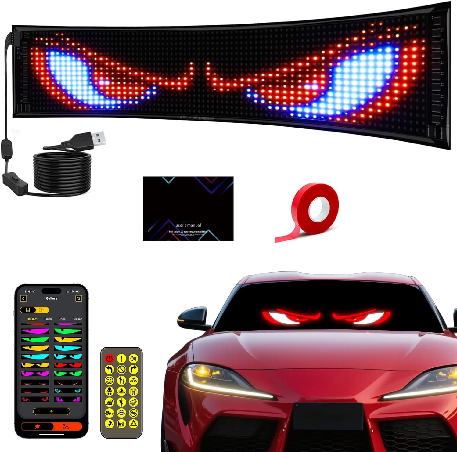 15"x4" LED Eyes for Car Windshield, 50+ Devil Eye Patterns to Captivate Attention, Customizable Holiday Themes, Warning Messages to Showcase Personality & Mood, Installs in 5 Minutes, 1PCS