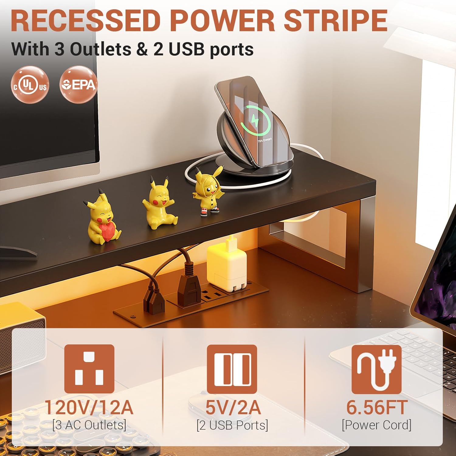 L shaped desk with 2-tier under-desk shelves for storage