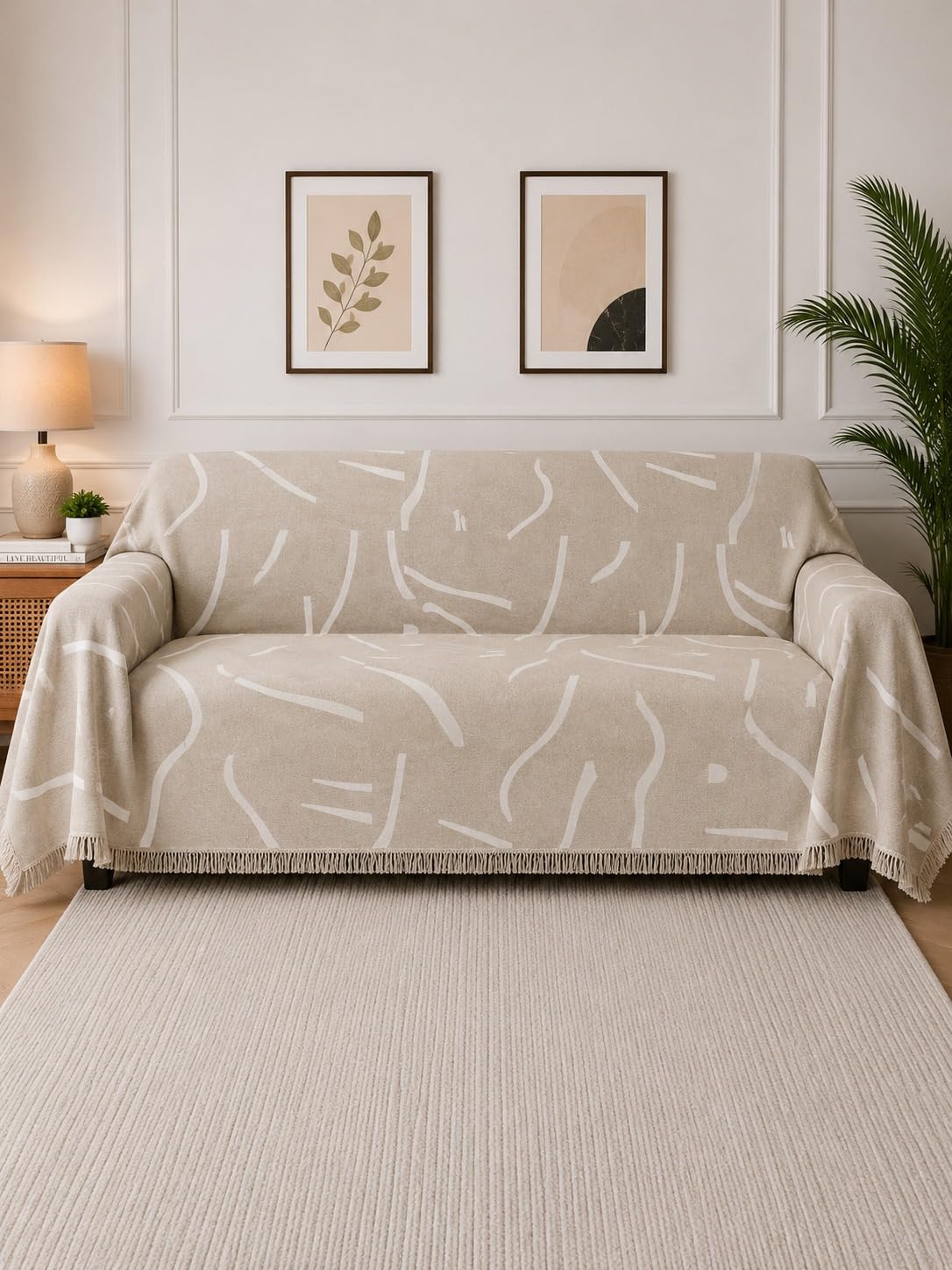 RRC Chenille Sofa Cover for 3 Seater Sofa, 180 x 300 CM | Reversible Cotton Couch Throw | Double-Sided Anti-Slip Sofa Slipcover | Washable All Season Furniture Protector | Modern Beige Abstract Design-image-24