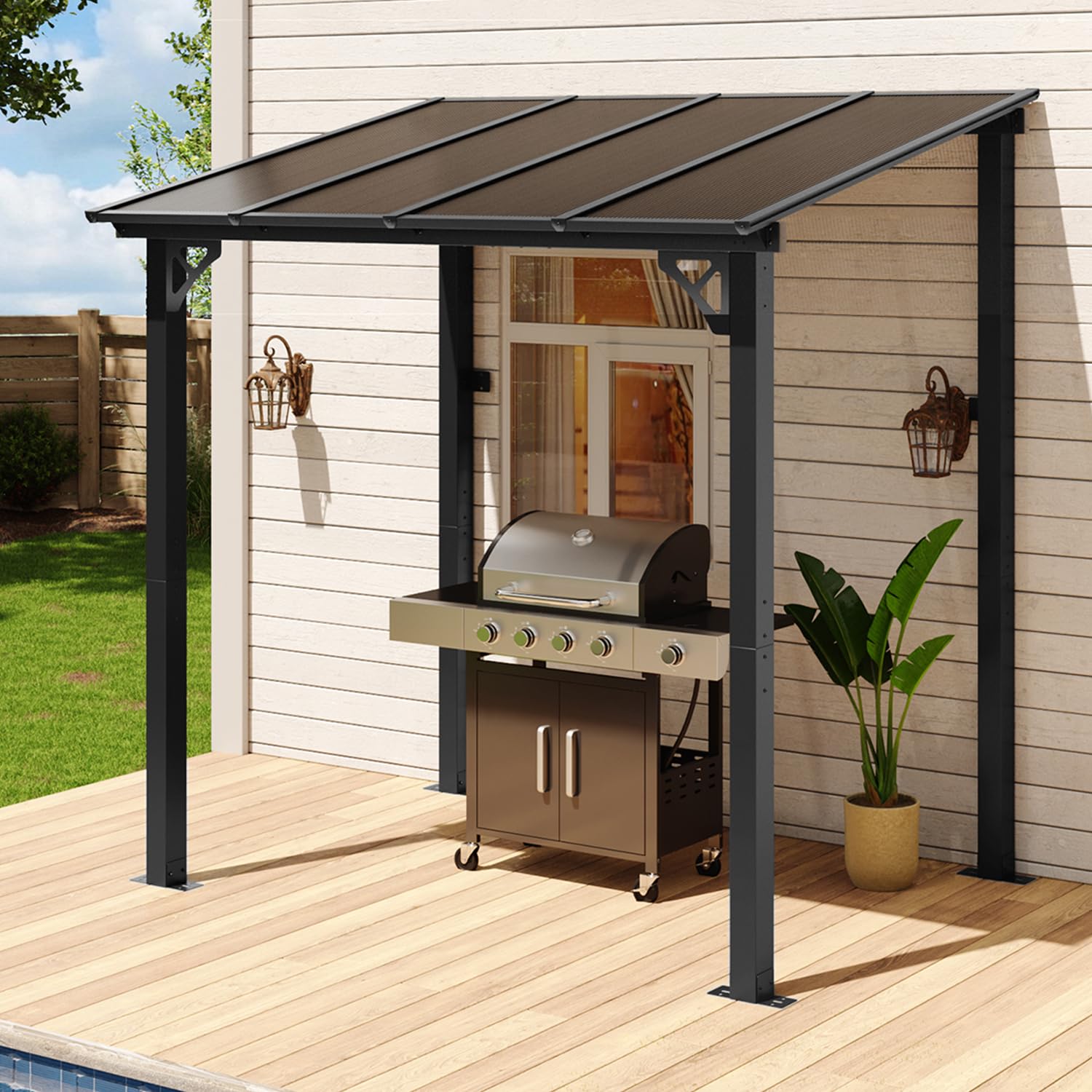 Aoxun 8' x 5' Wall-Mounted Pergola installed on a patio with outdoor furniture.