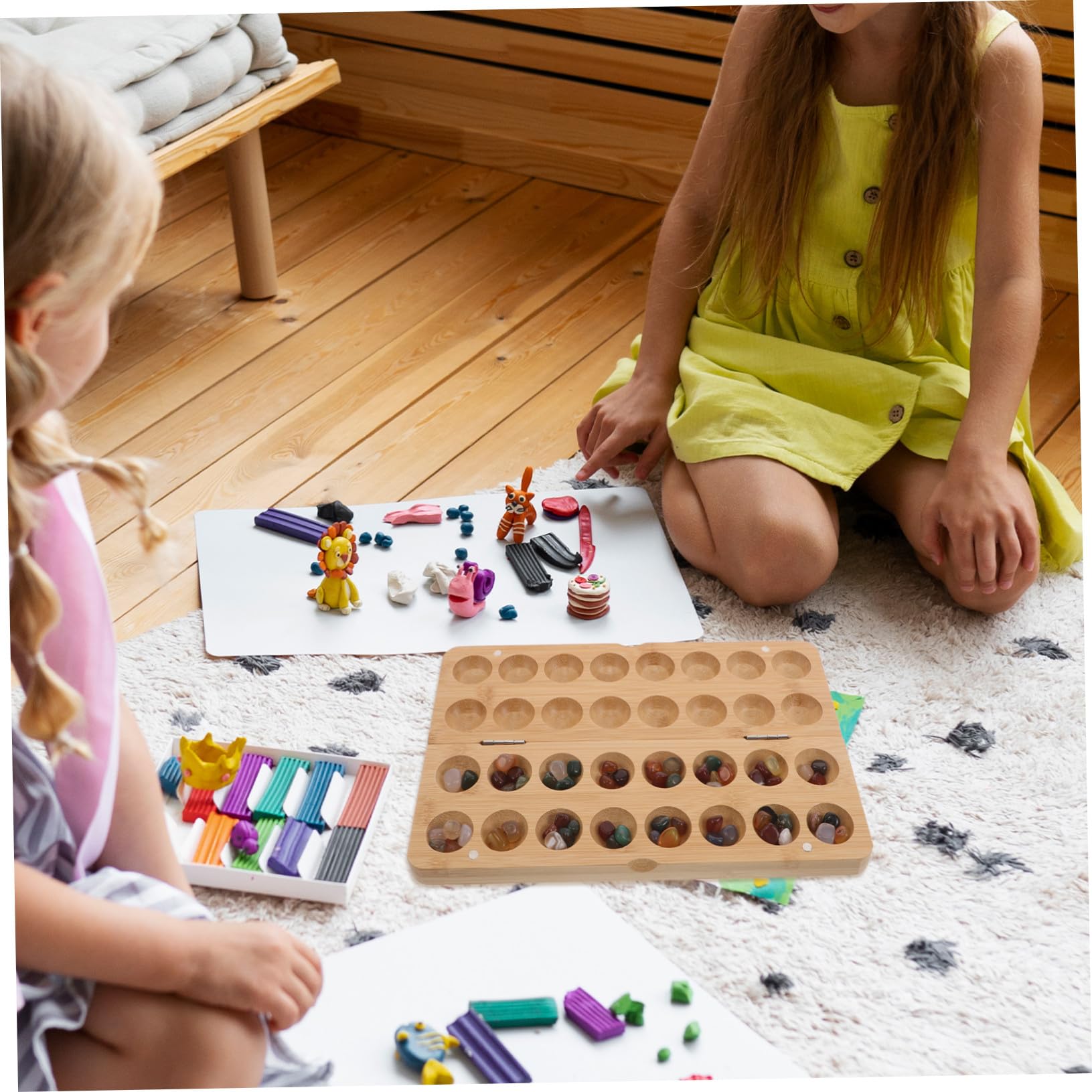 Juego de Mesa Mancala Cuentas y Guijarros para Niños | Bambú y Piedra, 1 Set Portátil, para Aula E Interior, Artesanía Cuidada y Desarrollo del Pensamiento Espacial