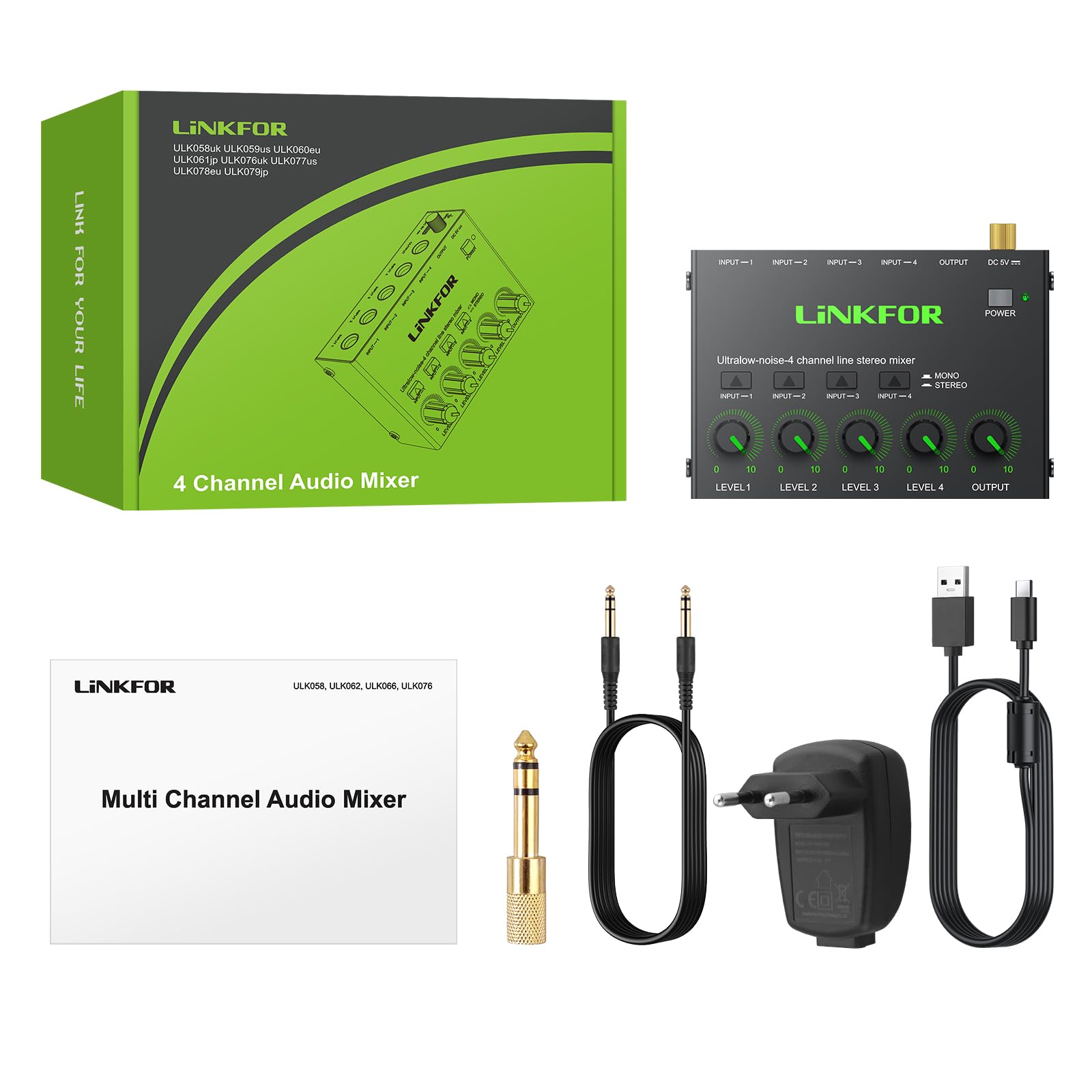 LiNKFOR 4 Kanal Stereo Audio Mixer, Ultra Niedriges Rauschen, Unabhängige Lautstärkeregelung, DC 5V Type-C Mini-Audiomischer mit Netzteil Audiokabel für Mikrofone, Gitarren, Bässe, Keyboards