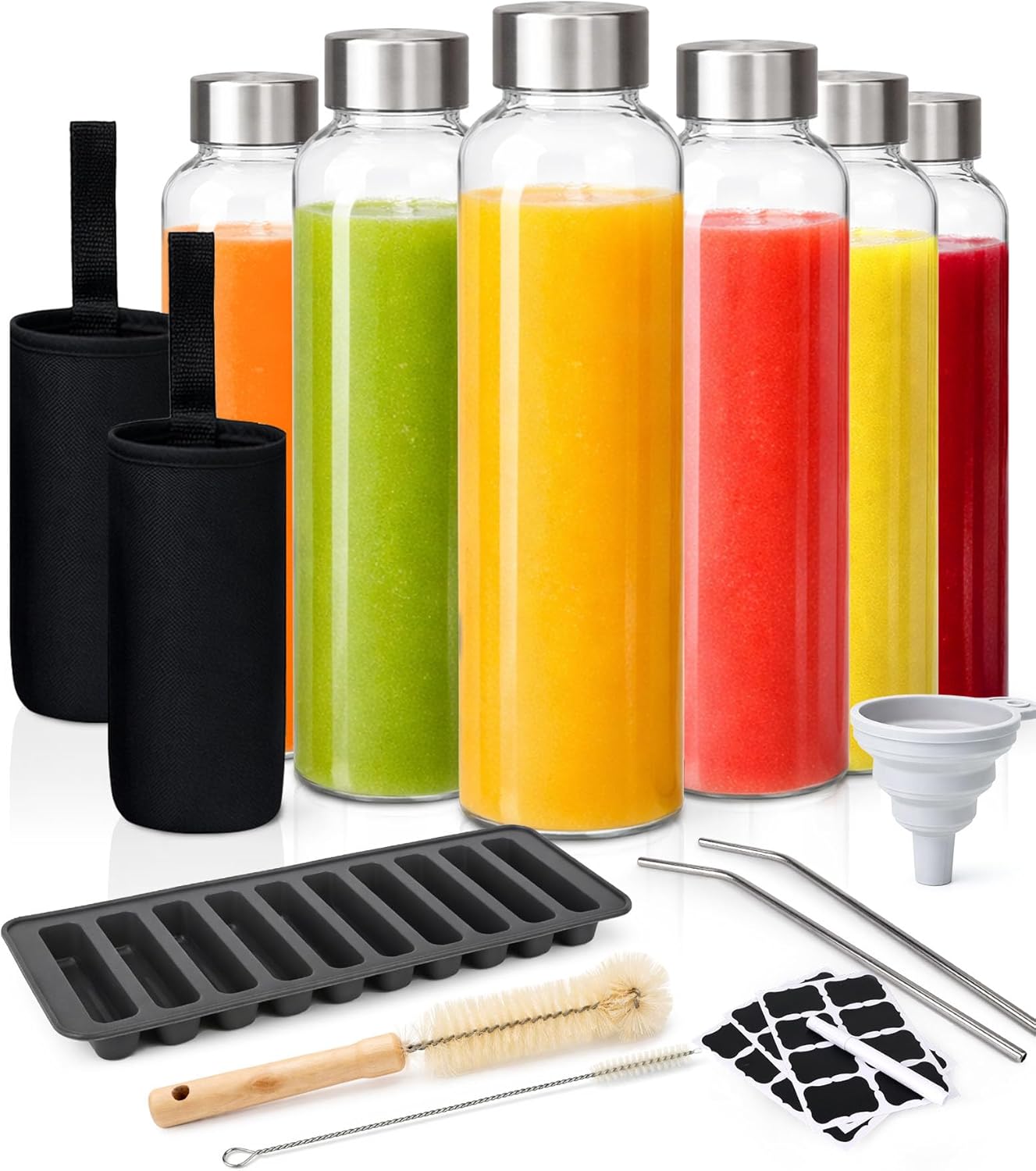 All-in-One 16-Piece Glass Juicing Kit with 6 Glass Water Bottles (18 oz), Reusable Glass Bottles with Lids, Leak-Resistant, BPA-Free & Dishwasher Safe — for Juice, Smoothies & Meal Prep