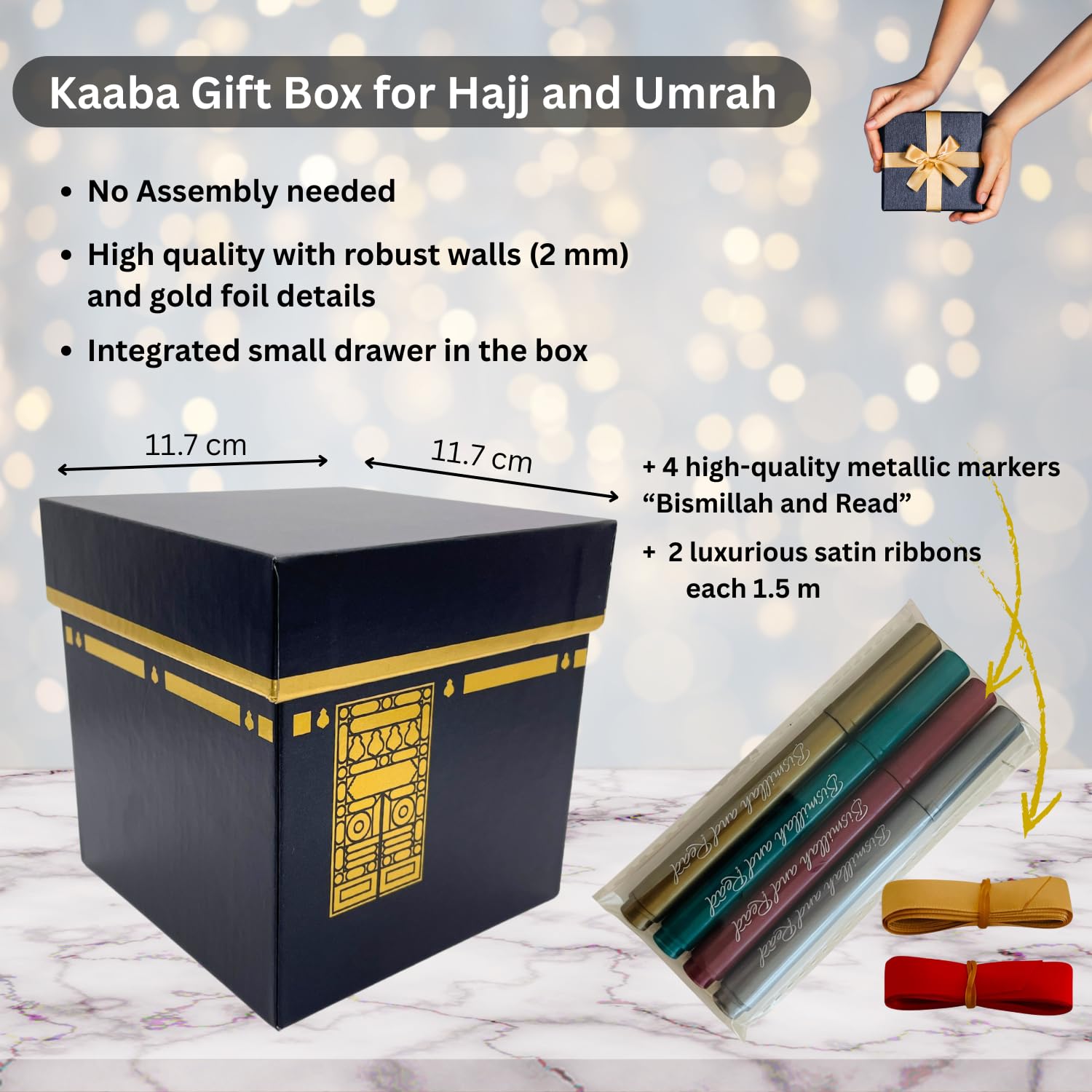 B & S Bismillah and Smile Premium Kaaba Confezione regalo per Hajj & Umrah – Elegante set con 2 nastri regalo in raso e 4 pennarelli metallici