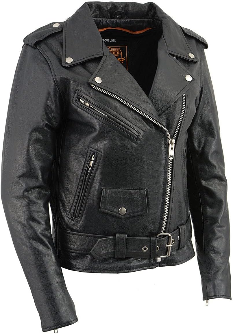 Milwaukee Leather LKL2701 Women's Classic Black Premium Leather Motorcycle Rider Jacket with Built-In Belt