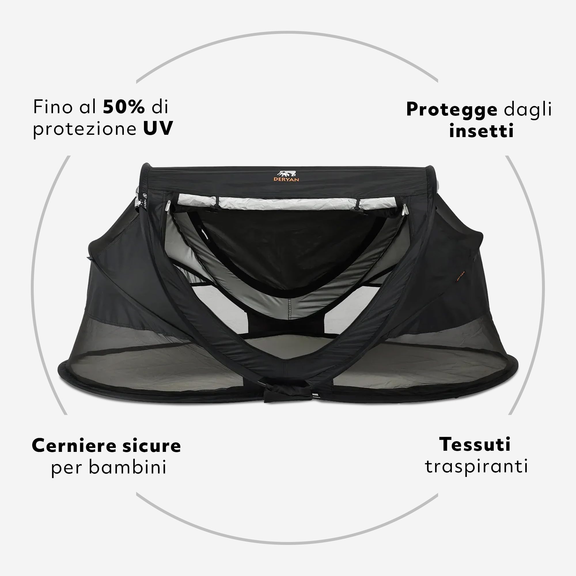 DERYAN Lettino da viaggio Peuter Luxe - Nero - Sistema pop-up - Set-up in soli 2 secondi - Copertura in cotone con cerniera, materasso ad aria autogonfiante e borsa per il trasporto
