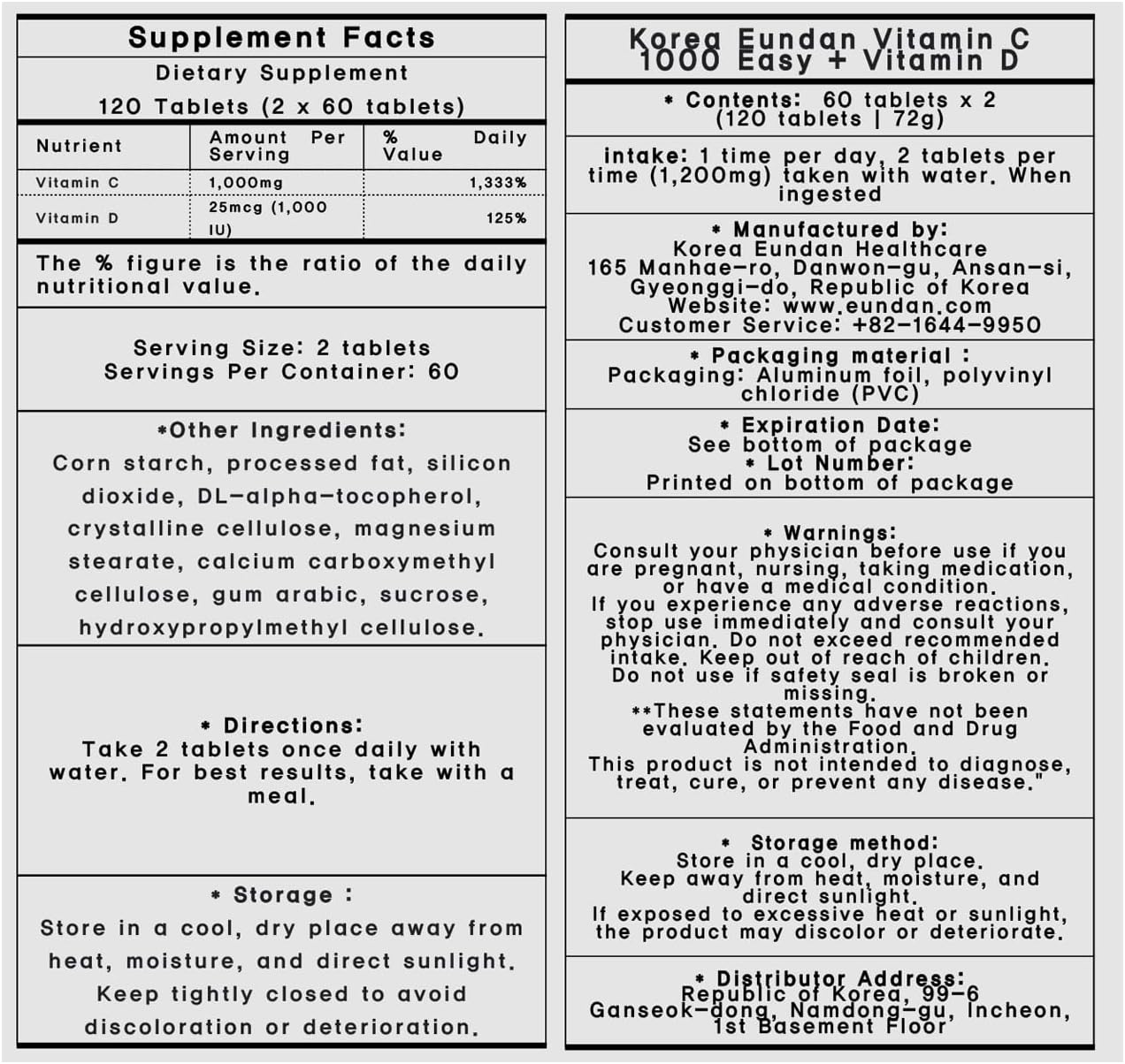 Individually Packaged Vitamin C+D for Korea Vitamin, K.O.R.E.A.E.U.N.D.A.N Vitamin C 1,000mg (60 Days Supply / 120 Tablets 72g) - Image 7