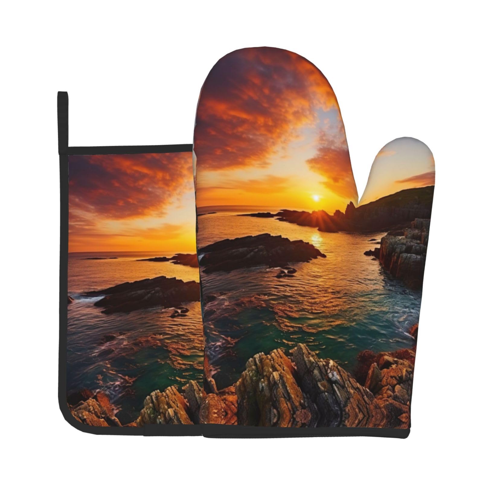 Ireland Sunset Seascape Kitchen Baking Two-Piece Set,Multipurpose Oven Gloves,Used for Barbecue Kitchen Baking