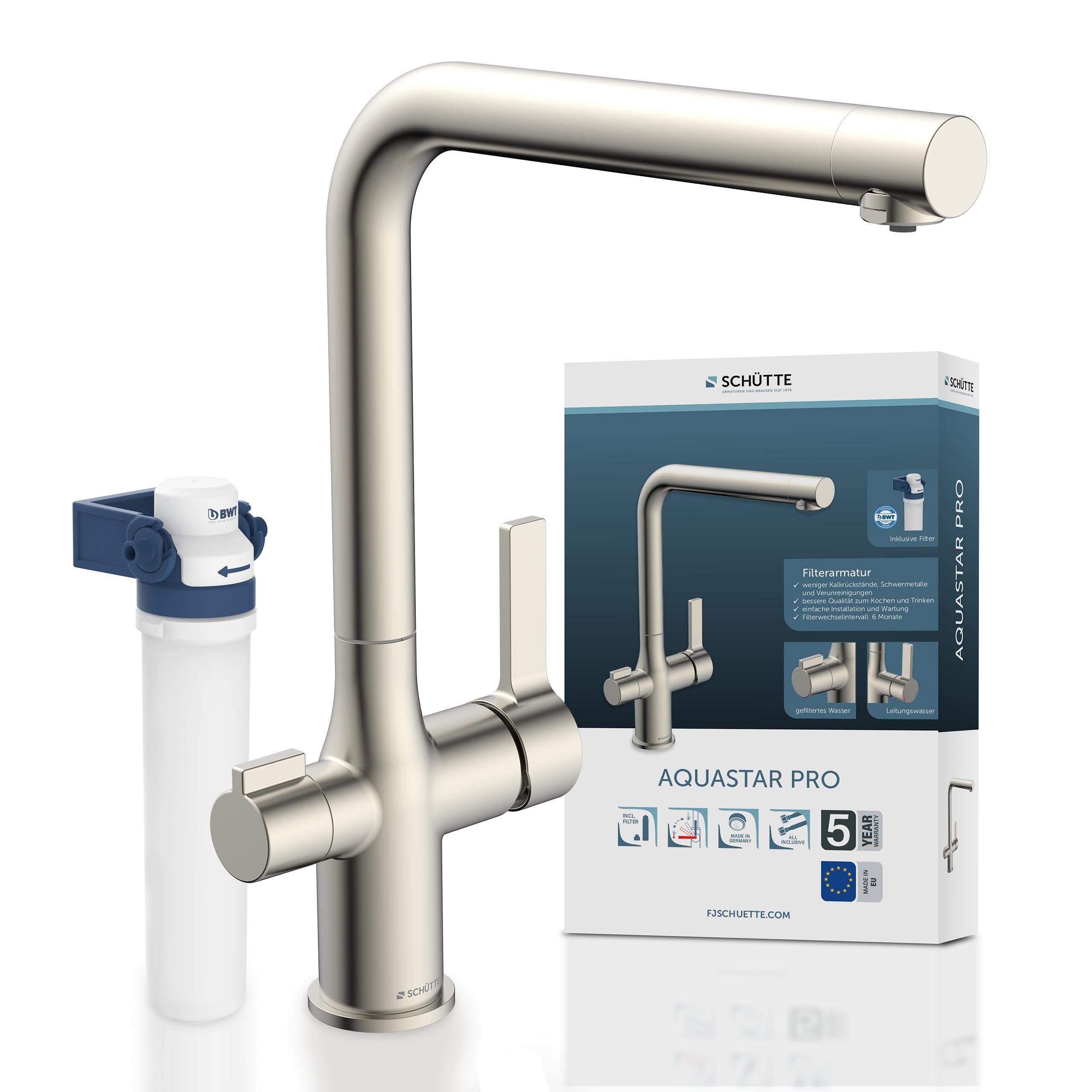 SCHÜTTE Aquastar Pro 99805 - Grifo para fregadero de agua potable con sistema de filtro, 3 vías, grifo de cocina con filtro de agua contra residuos de cal y metales pesados, aspecto de acero