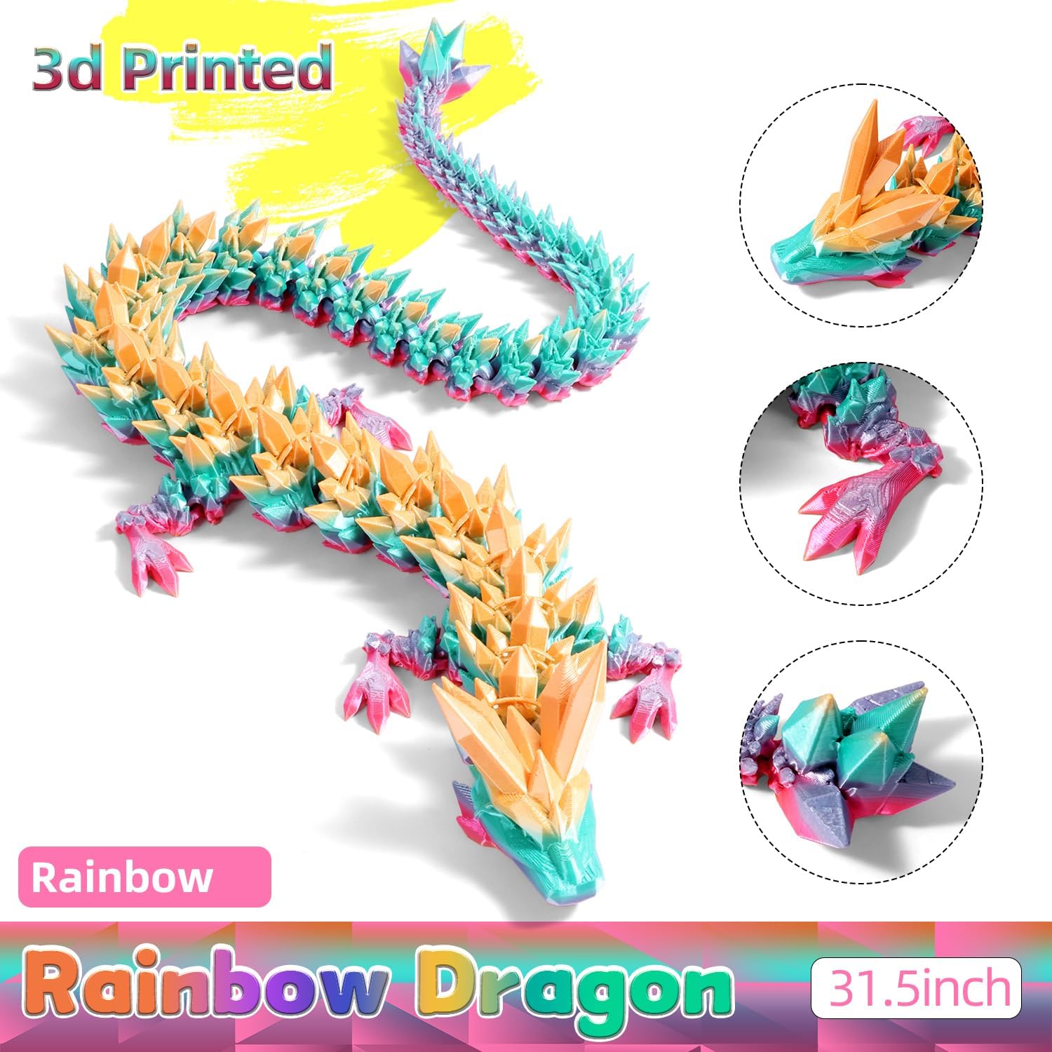 31.5" Giant 3D Printed Dragon Large 3D Dragon Model, Big 3D Printed Figure, Oversized Poseable Articulated Toy, Fantasy Collectible Gift for Desk and Home Décor (Rainbow, 31.5 inch)