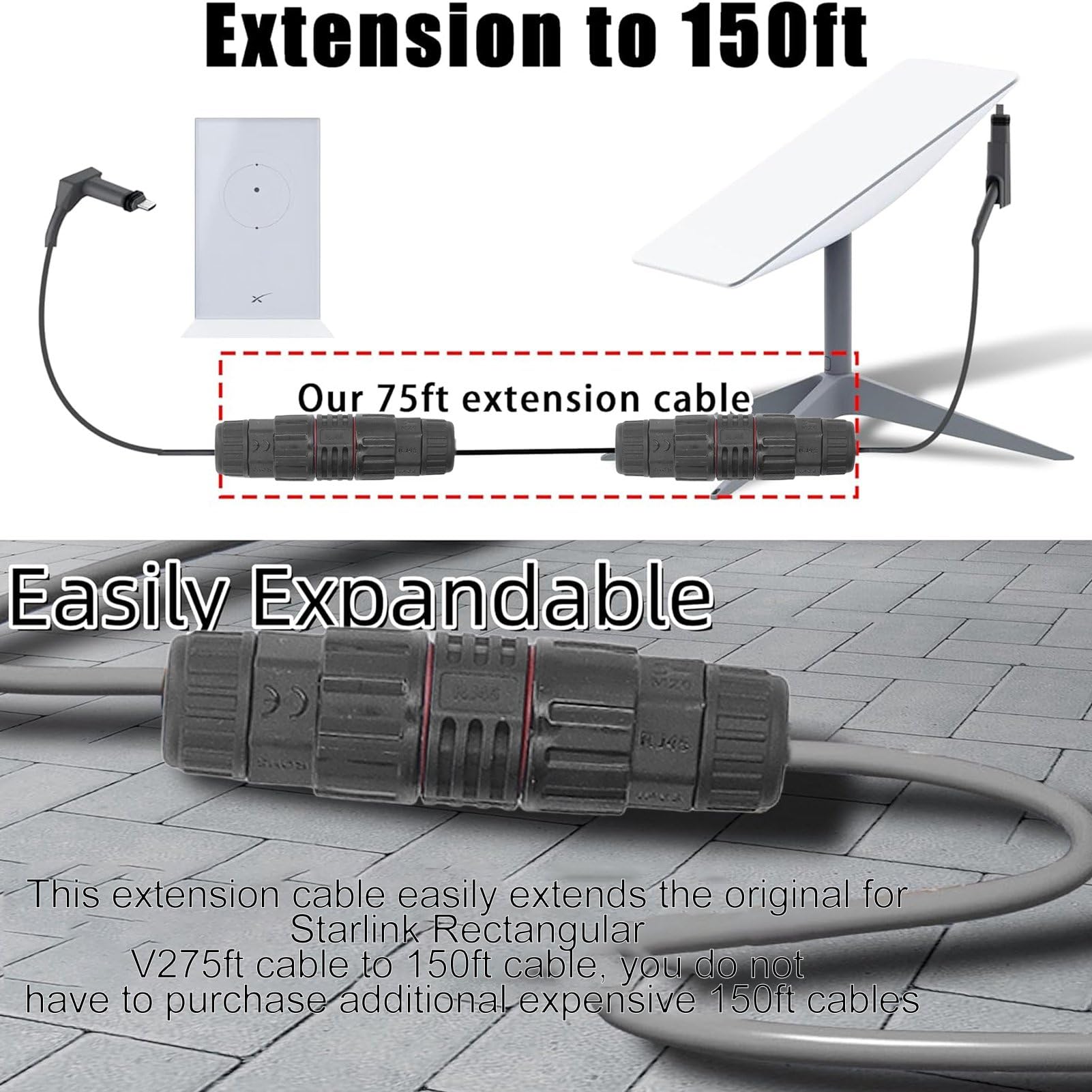 Garsent Câble de Remplacement pour Internet de 75 Pieds, Rallonge de Câble étanche IP68 jusqu'à 150 Pieds, Kit Internet Satellite pour Une connectivité Réseau Stable