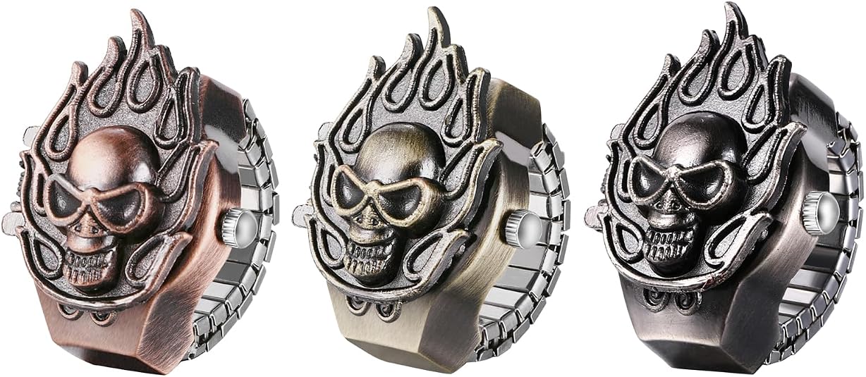 JewelryWe Men Women Finger Watch Punk Skull Flip-Open Cover Quartz Analog Ring Watches, Adjustable Size,