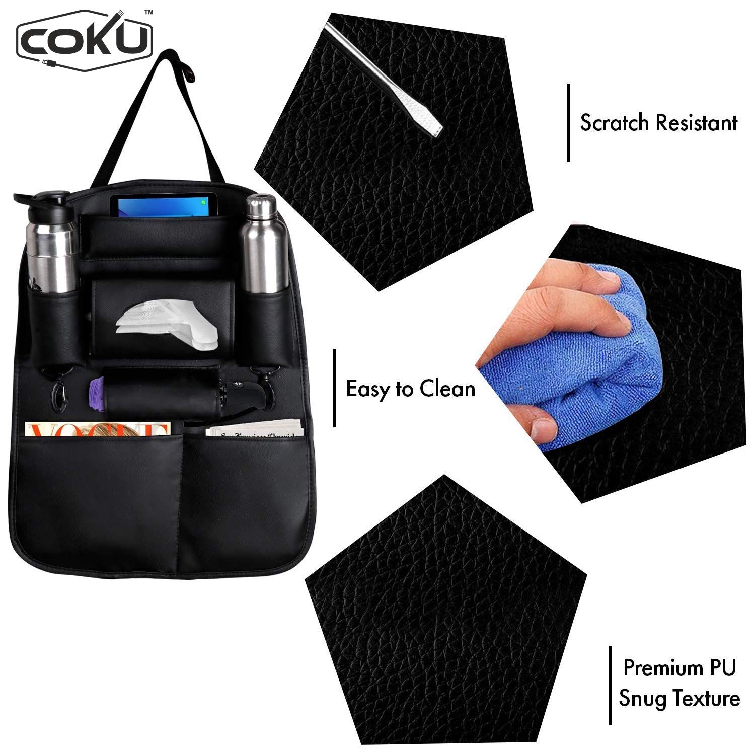 coku Universal Back Seat Car Organizer Multi Pocket Storage with Document, Water, Bottle Tablet and Tissue Holder (Black) - Image 4 thumbnail