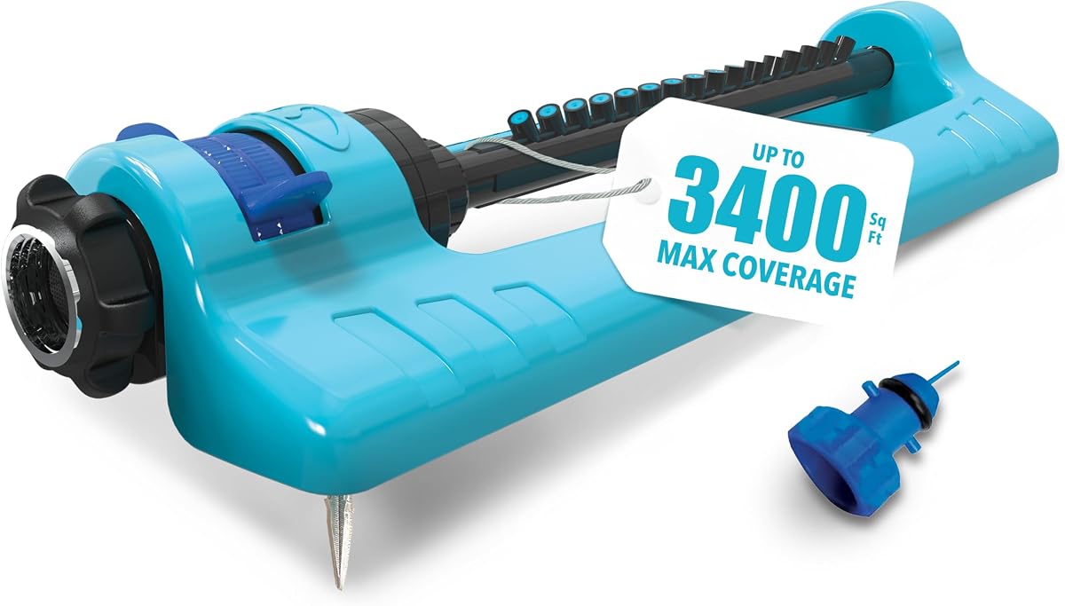 Aqua Joe Oscillating Sprinkler with Adjustable Spray, 16 Clog-Resistant Nozzles, Standard Base w/Metal Ground Spike, 3400 Square Foot Coverage