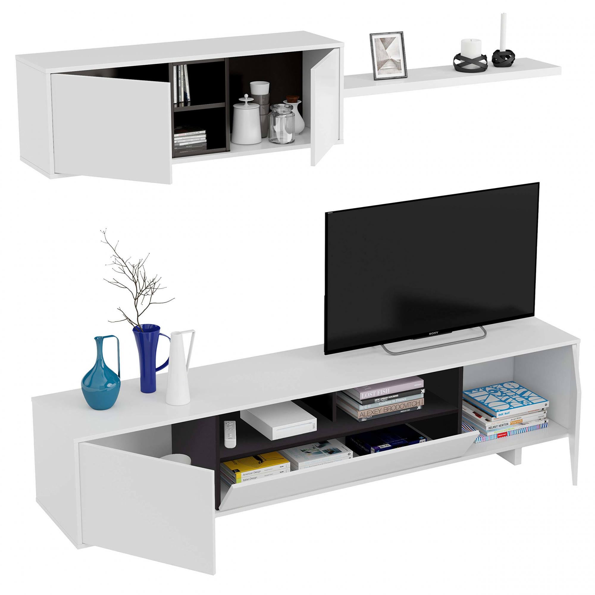 Dmora - Parete attrezzata Hartford, Mobile da soggiorno porta TV, Composizione set salotto, Set salotto con pensile, 200x41h46 cm, Bianco lucido