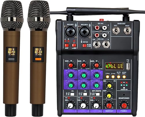Mezclador de audio de 4 canales para DJ con micrófono inalámbrico doble, consola de placa de sonido, MP3, Bluetooth, 48V, alimentación fantasma,