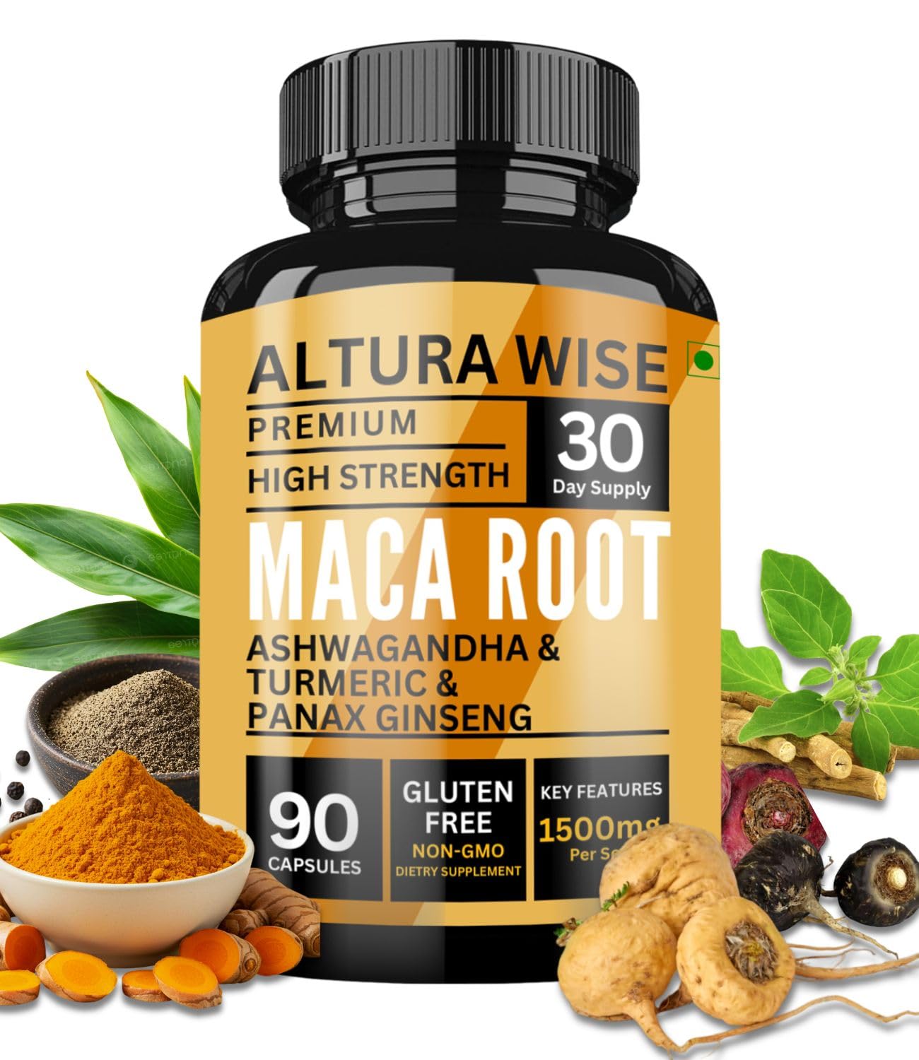 5 in 1 Pure Maca Root Capsules for Men and Women | Maca Root Powder Capsules with Black + Red + Yellow Maca Root with ashwagandha, panax Ginseng Extract Supplement - 90 Vegan Pills