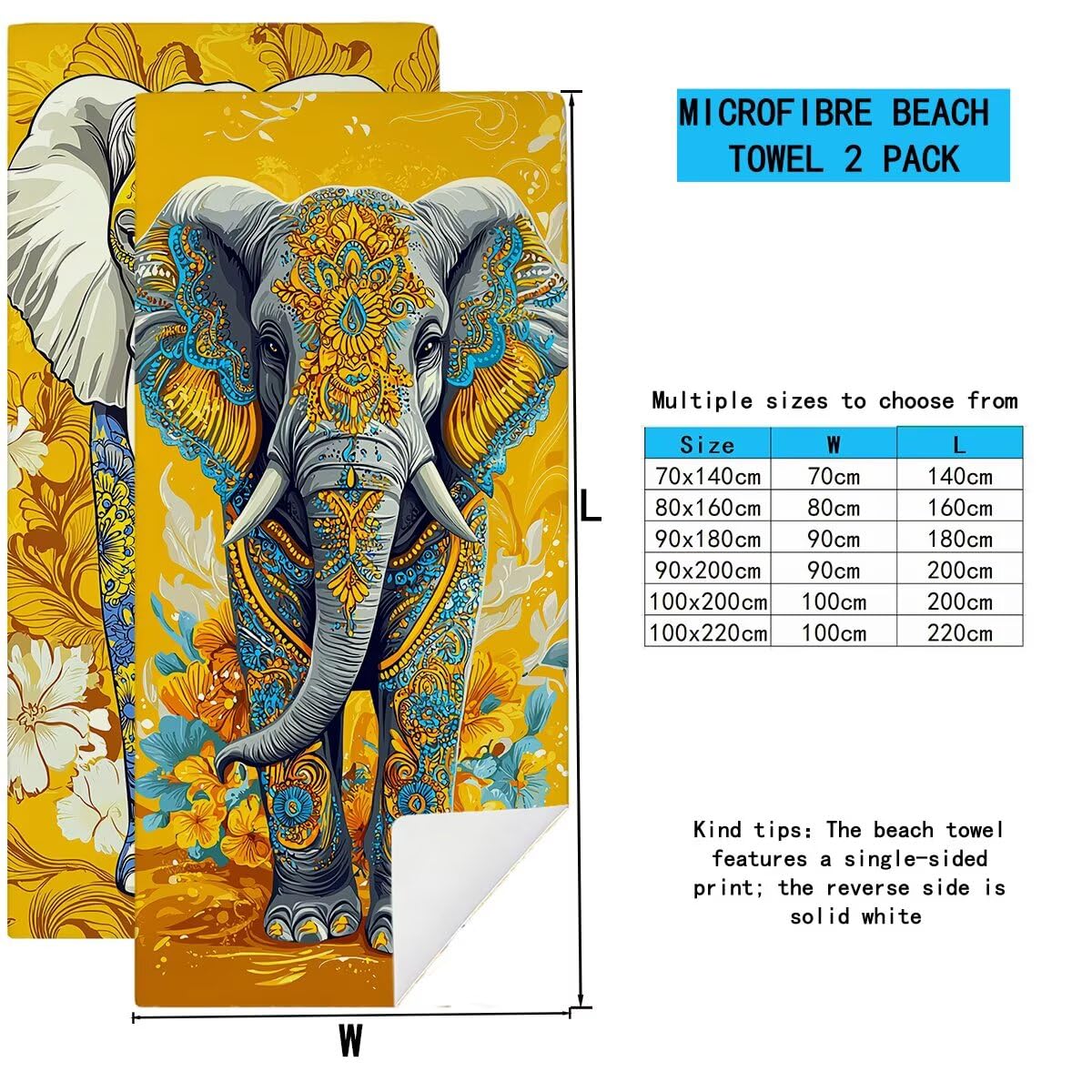 Telo Mare Microfibra, Telo Mare Grande 100x220cm 2 Pezzi, Asciugamano Palestra Donna Asciugatura Rapida, Antisabbia Asciugamano Microfibra, Leggero Asciugamani Palestra per Regalo (Elefante) -4370
