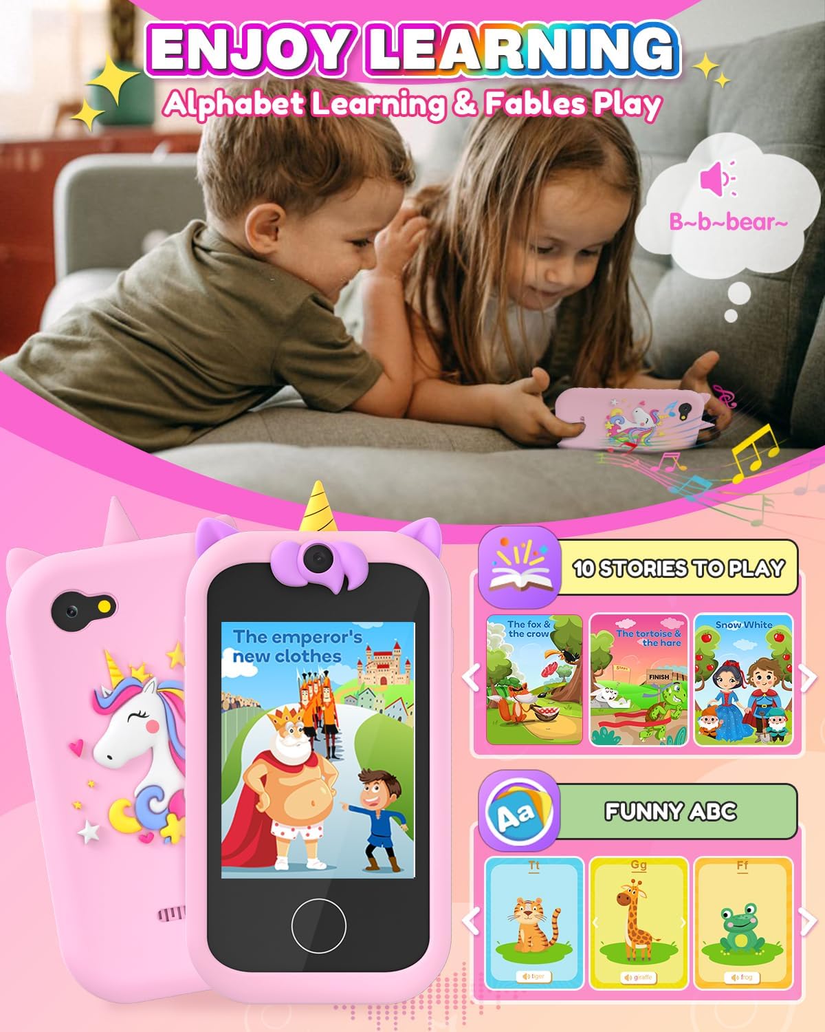 Prysyed Kids Toy Phone for Toddlers 3.5" Touchscreen, Christmas Birthday Unicorns Gifts for 3 4 5 6 7 8 Years Old Girls, Electronic Learning Toy for Girls Age 3-11 with Dual Camera 8G SD Card