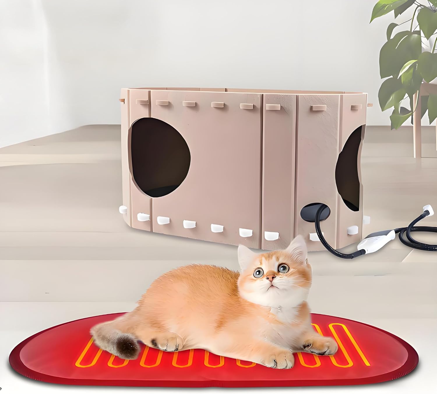 Heated Cat House for Indoor Cats,with Timer & Temp Adjustable Pet Heating Pad Bed Included,Large Foldable Cat Houses & Condos