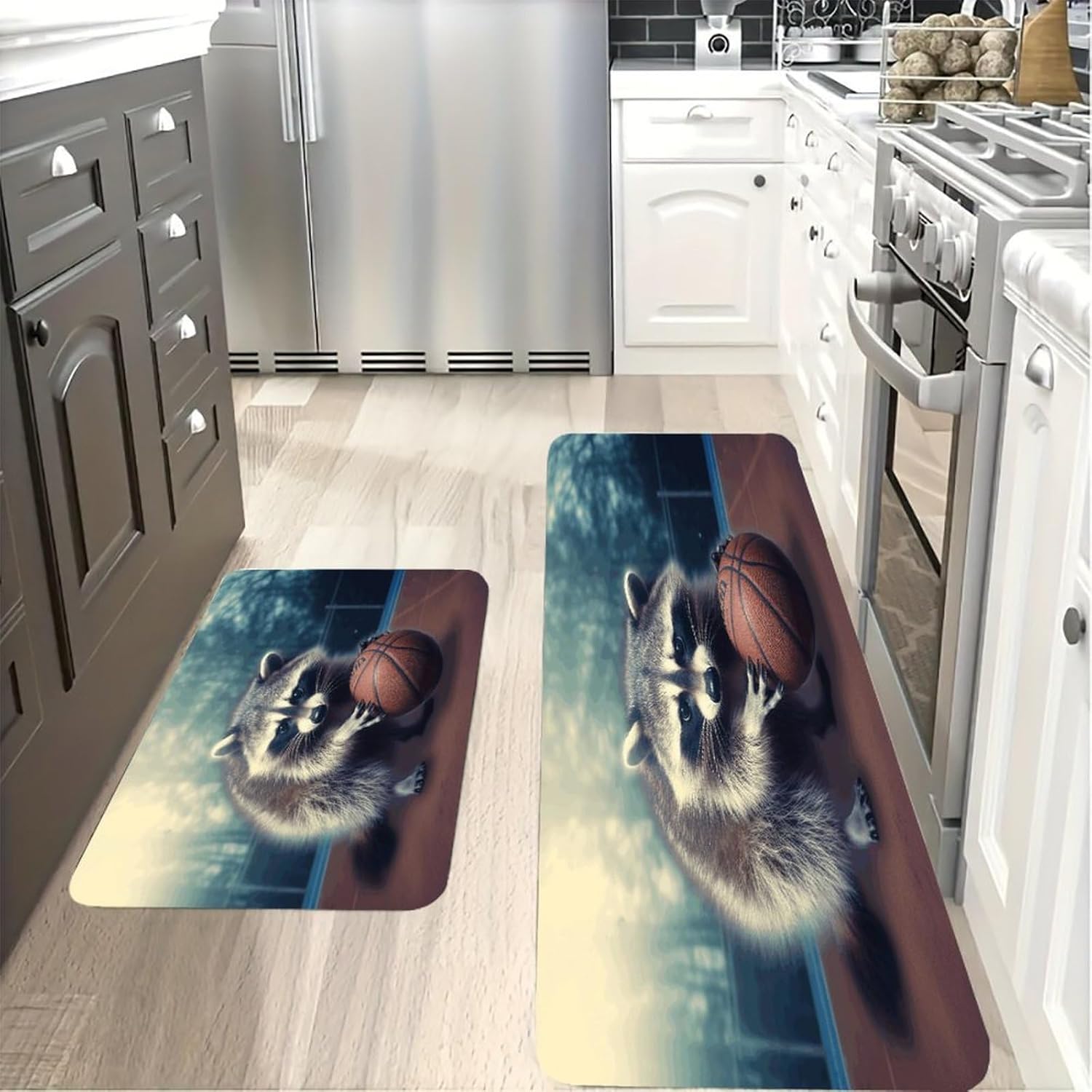 Funny Raccoon Basketball Kitchen Mat Washable Non Slip Rugs Soft Kitchen Mats for Floor Set of 2 PCS Cushioned Absorbent Runner Standing Rugs for Home Sink Laundry Office