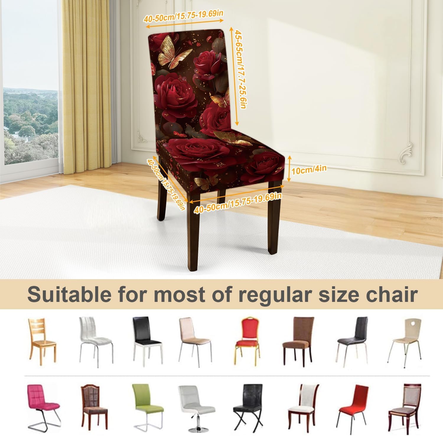 Dining Chair Covers Set of 6, Stretch Spandex Parsons Chair Slipcovers, Red Rose and Gold Butterfly Pattern, Removable Washable Dining Room Kitchen Chair Protectors