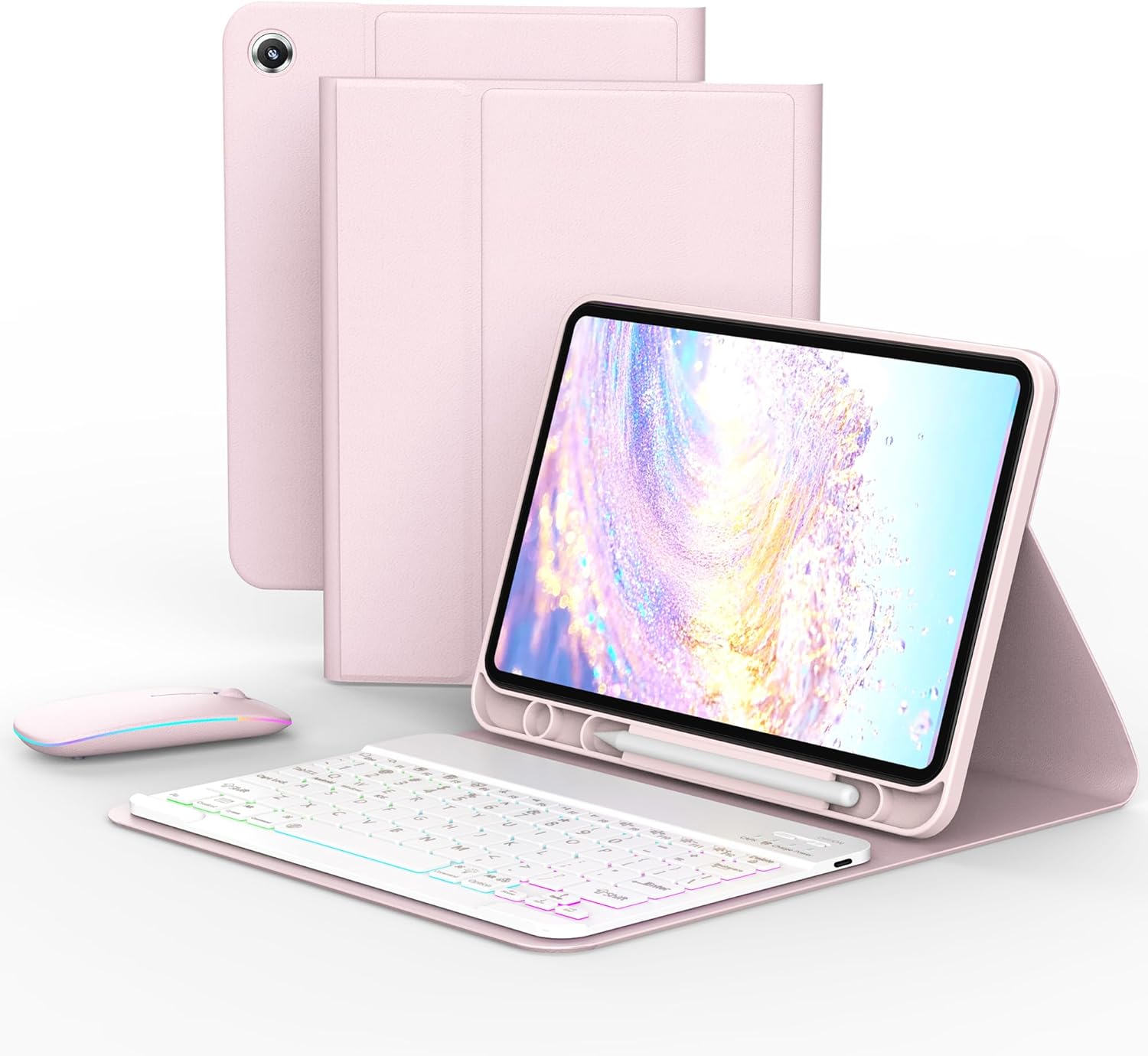 Case Keyboard for 10.9inch Samsung Galaxy Tab A9+ Plus 2023/A11+ Plus 2025,Includes Mouse and 7 Color Rainbow Backlight Magnetic Keyboard,Premium PU Leather Cover with Auto Sleep/Wake,Pink
