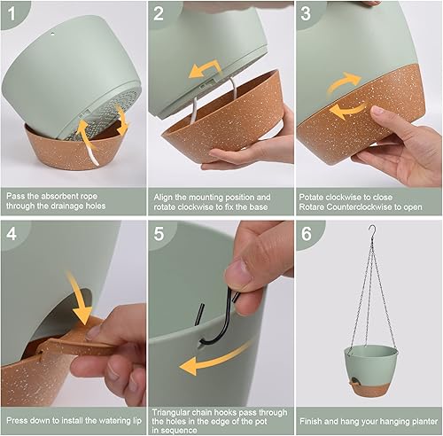 Miniatura 4 de Macetas colgantes de 8 pulgadas para plantas de interior y exterior, paquete de 2 macetas colgantes de riego automático con agujeros de drenaje y
